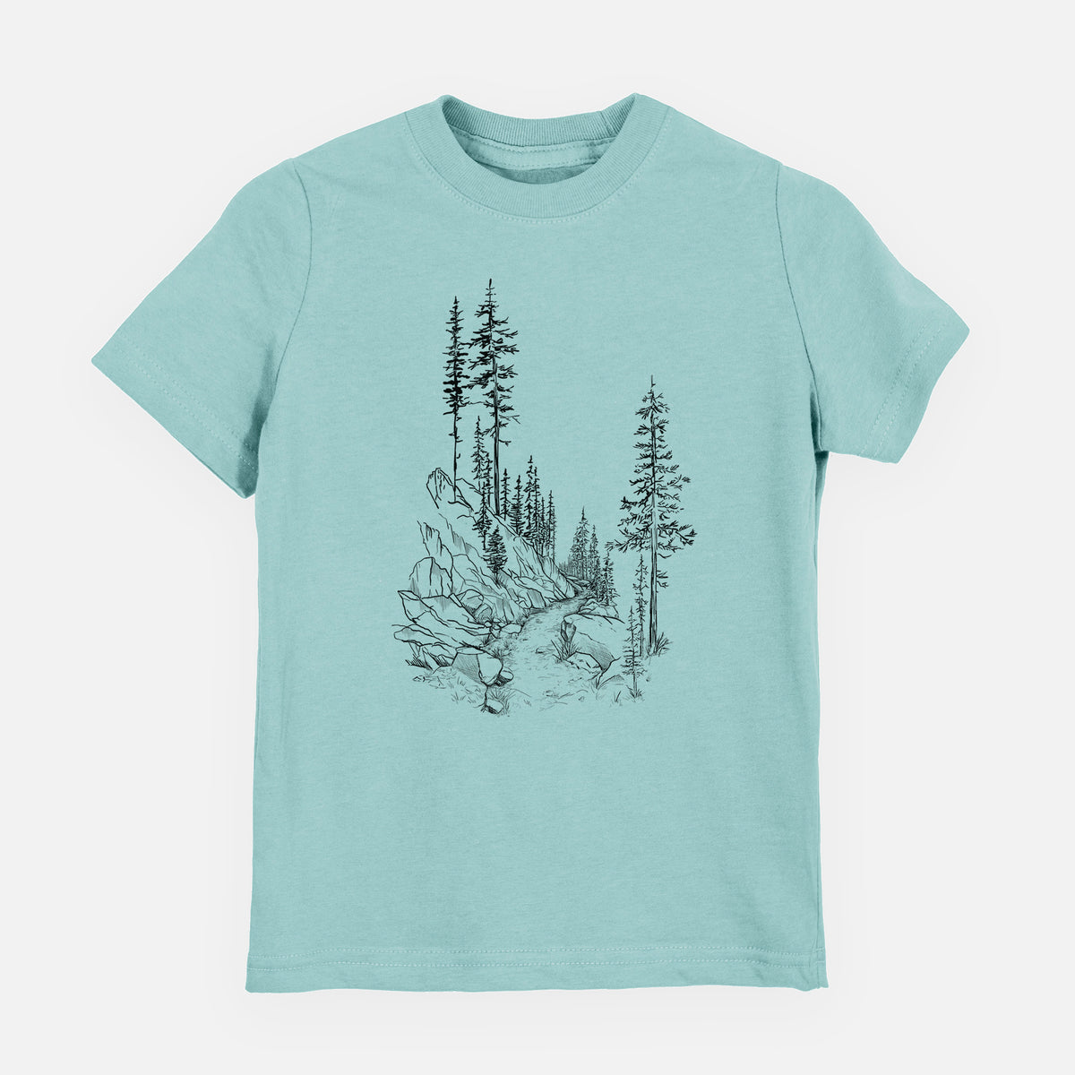Saltwater youth t-shirt laid flat, printed with a black ink illustration of a trail winding past tall pine trees and rocks into the woods.