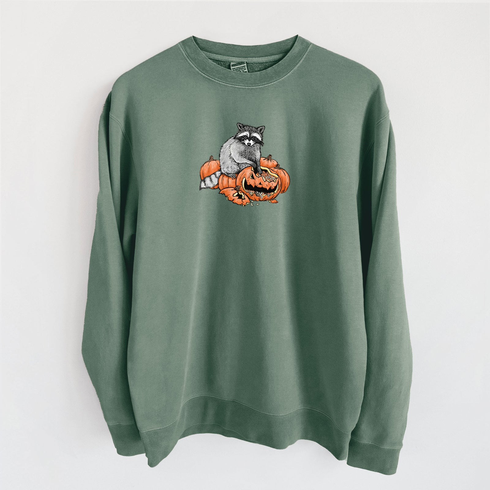 The Raccoon and the Jack-o'-Lantern - Unisex Pigment Dyed Crew Sweatshirt in Alpine Green