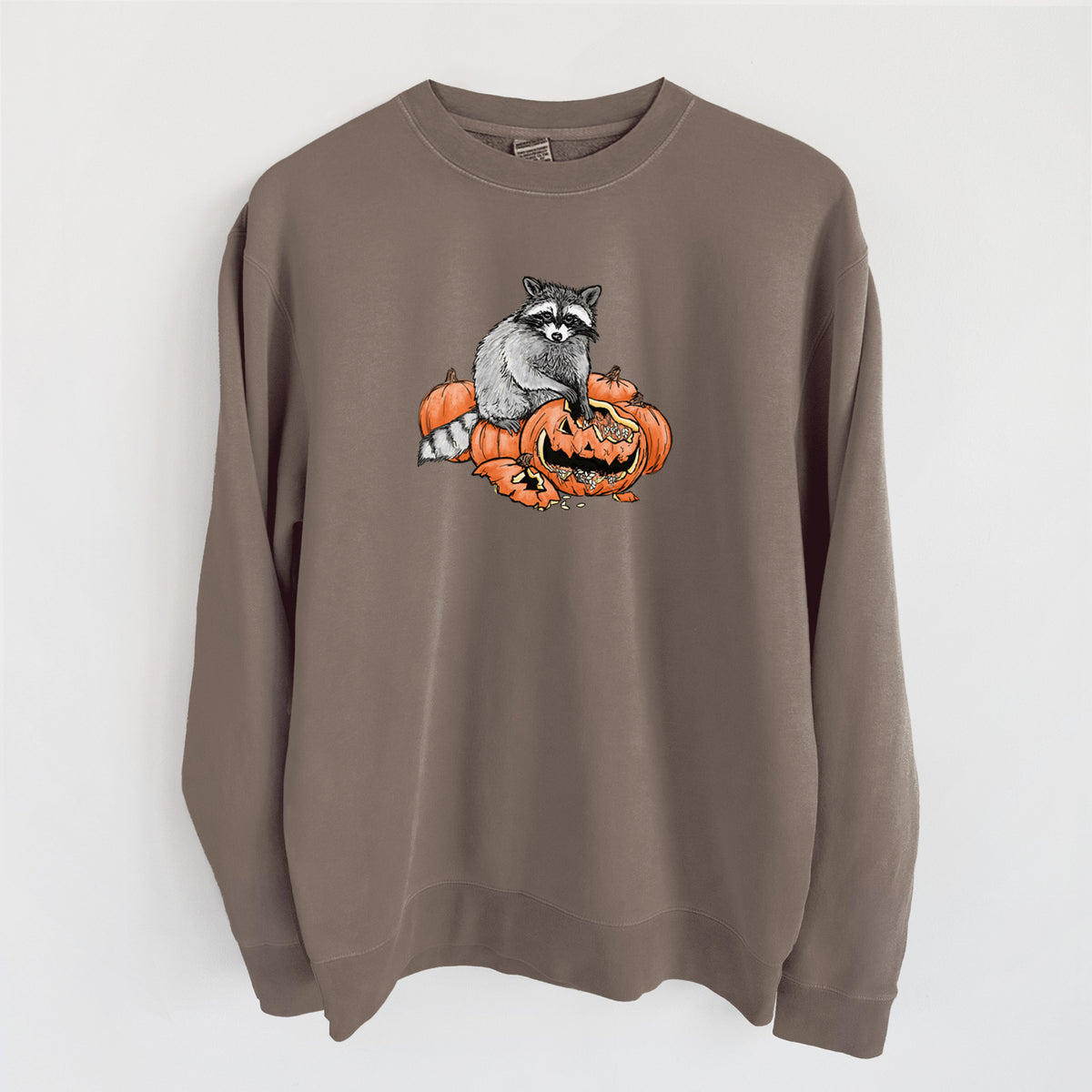 The Raccoon and the Jack-o'-Lantern - Unisex Pigment Dyed Crew Sweatshirt in Espresso