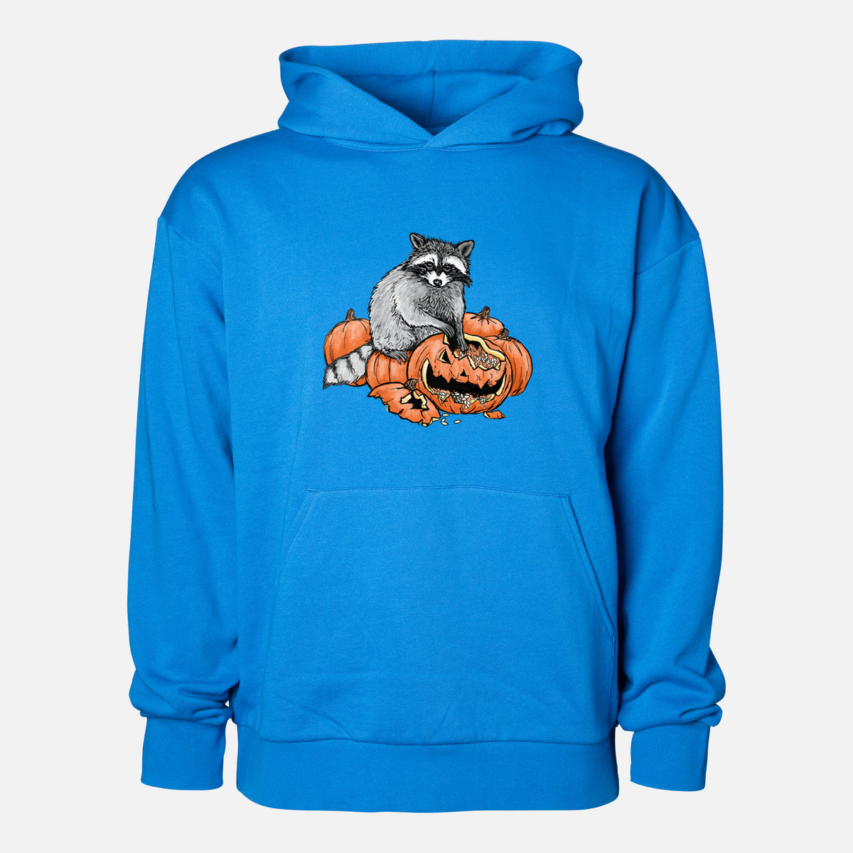 The Raccoon and the Jack-o'-Lantern - Statement Midweight Hoodie in Azure Blue, shown from the front with the design printed on the chest above a front kangaroo pocket.
