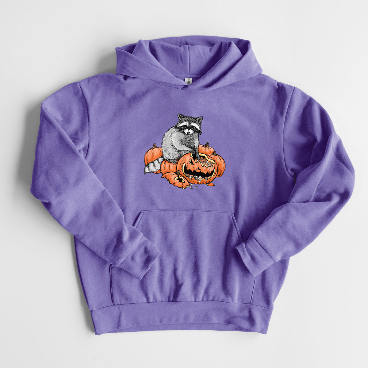 The Raccoon and the Jack-o'-Lantern - Statement Midweight Hoodie in Violet, laid flat, showing the oversized boxy fit and front kangaroo pocket.