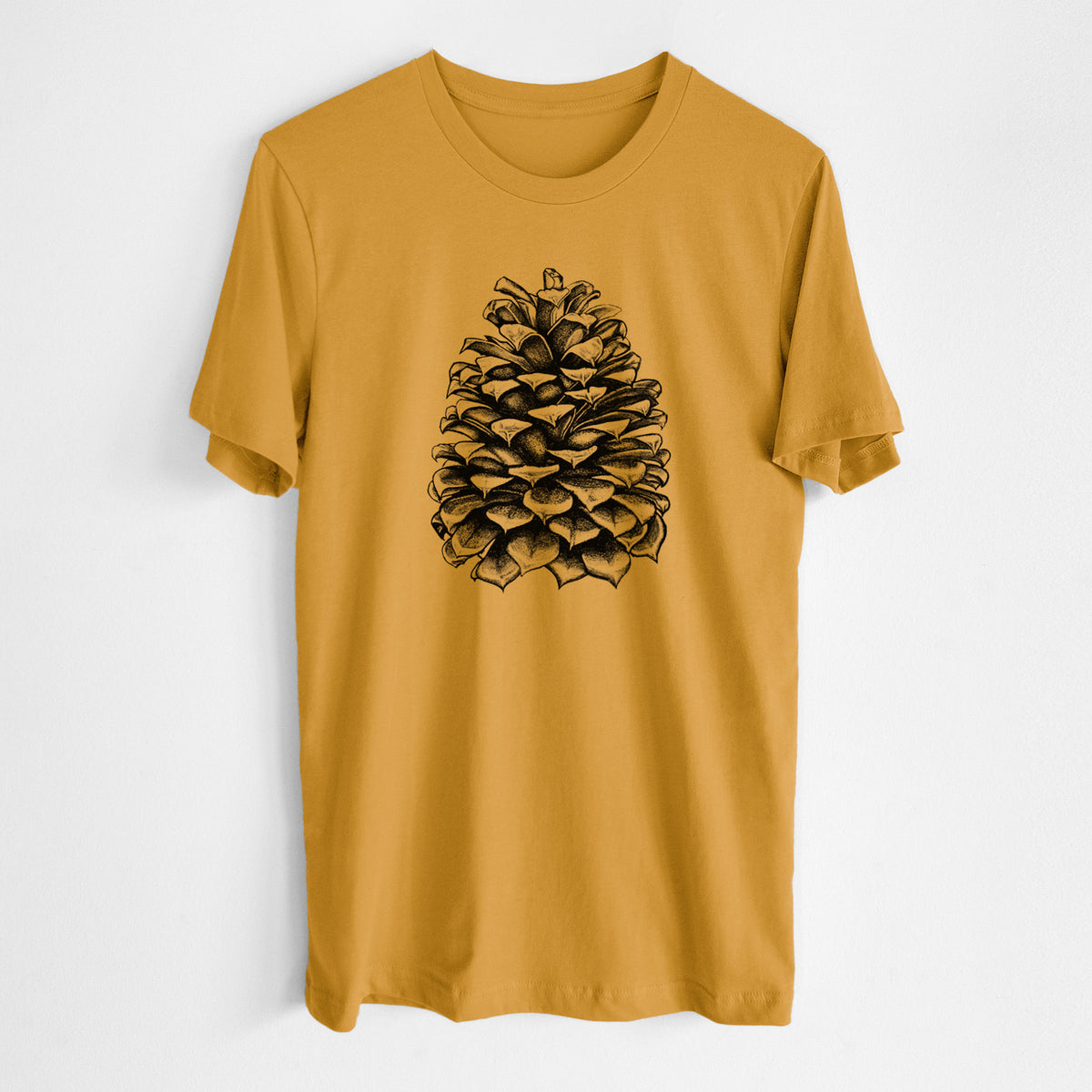 Honeycomb yellow lightweight cotton t-shirt laid flat, printed with a detailed black ink illustration of a large Jeffrey pine cone.