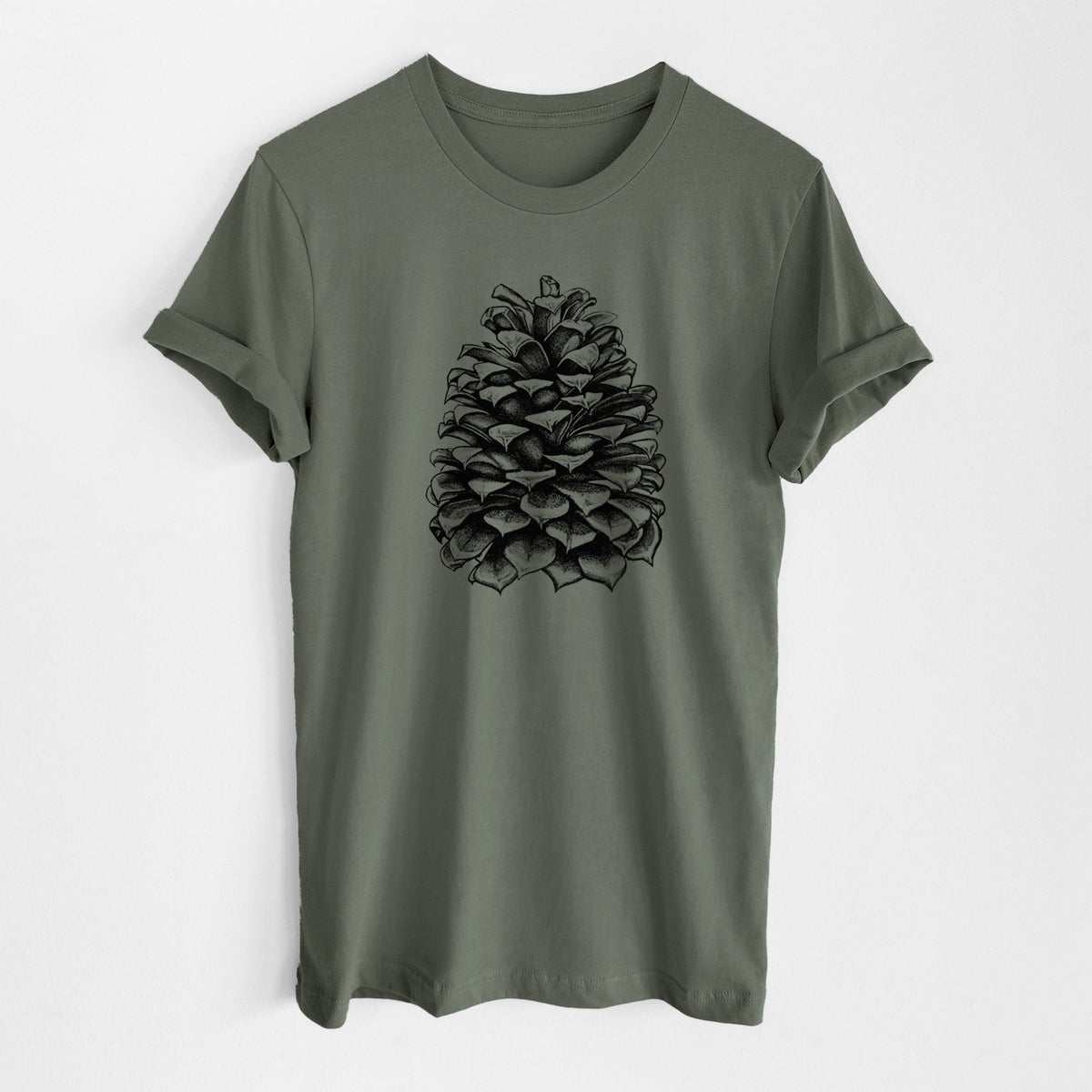 Military green lightweight cotton t-shirt laid flat, printed with a detailed black ink illustration of a large Jeffrey pine cone.