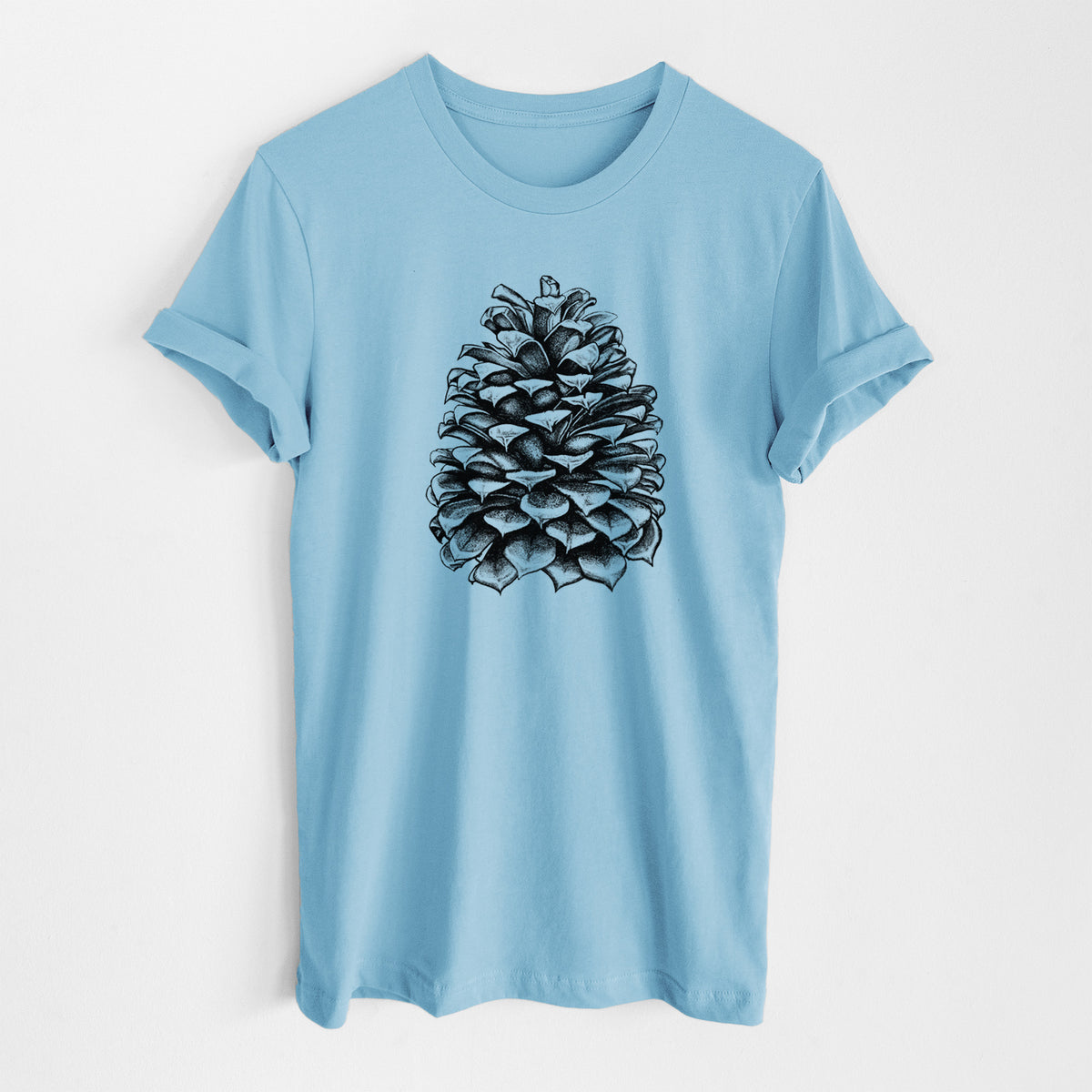 Ocean blue lightweight cotton t-shirt laid flat, printed with a detailed black ink illustration of a large Jeffrey pine cone.