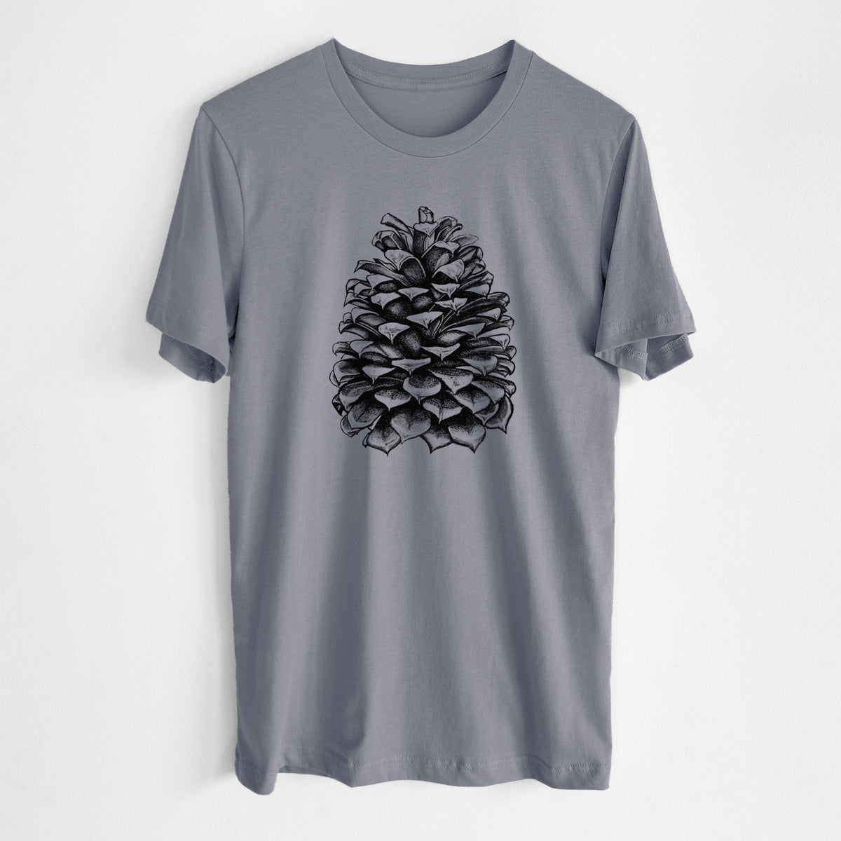 Storm grey lightweight cotton t-shirt laid flat, printed with a detailed black ink illustration of a large Jeffrey pine cone.