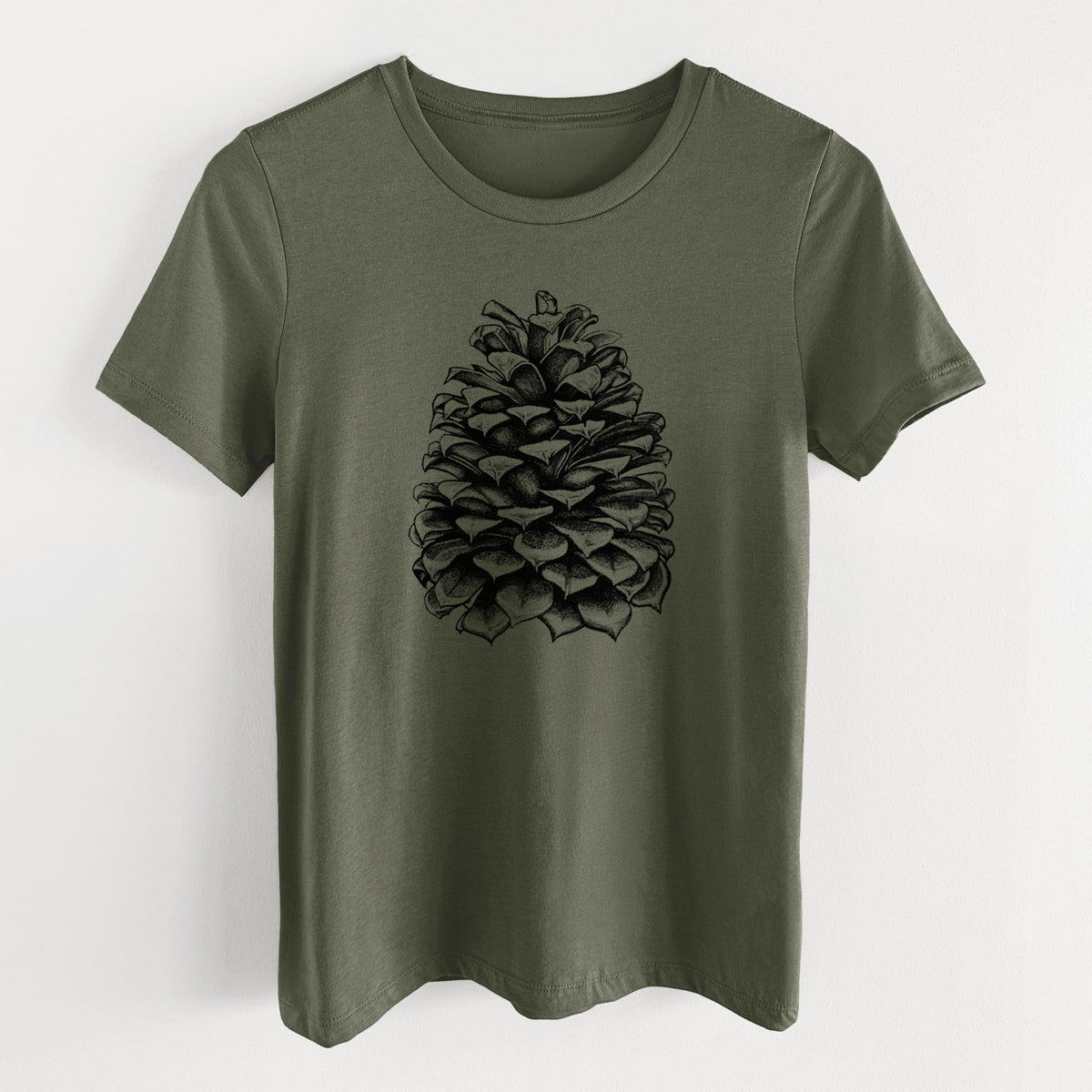 Military green women's relaxed fit cotton t-shirt laid flat, printed with a detailed black ink illustration of a large Jeffrey pine cone.