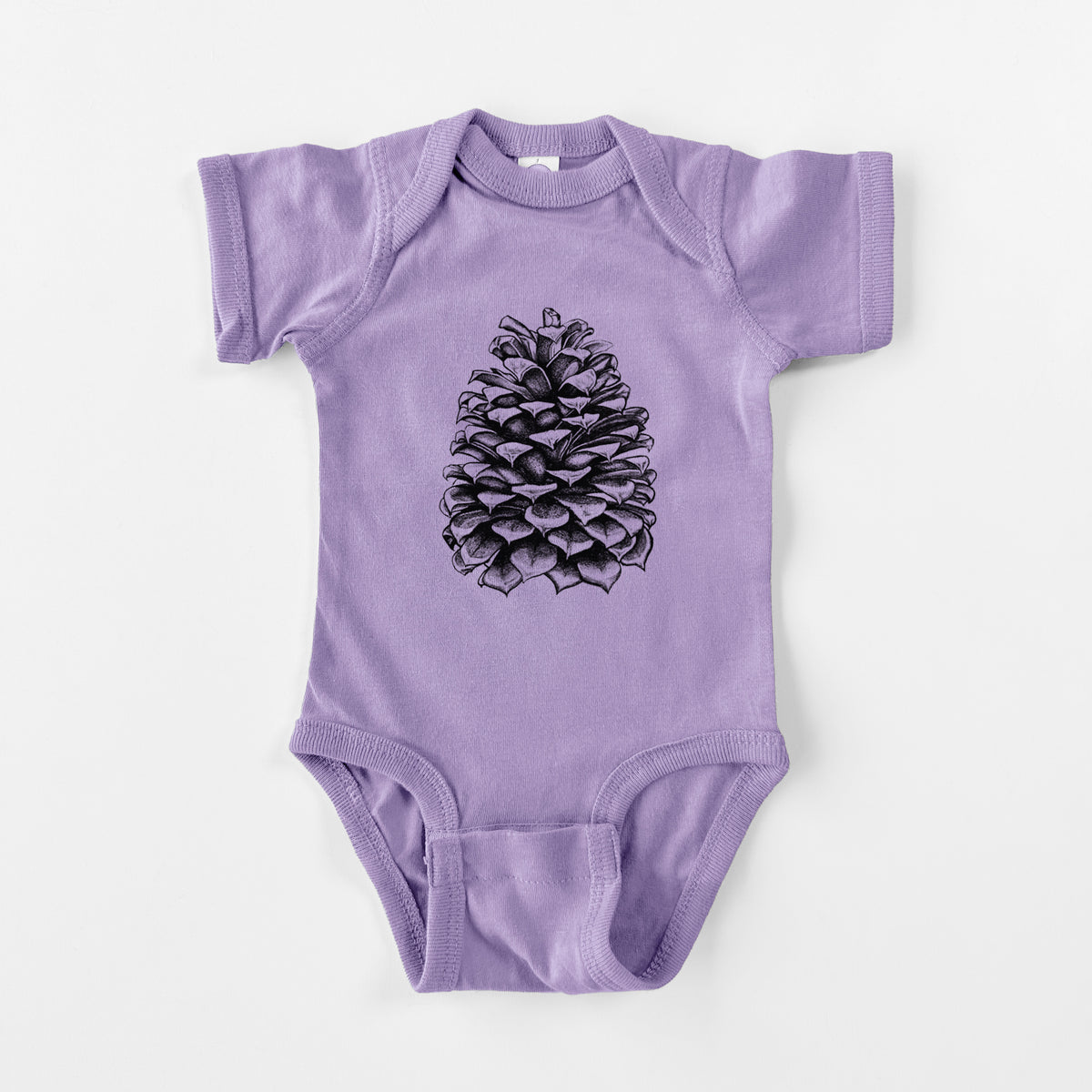 Lavender baby bodysuit laid flat, printed with a detailed black ink illustration of a large Jeffrey pine cone.