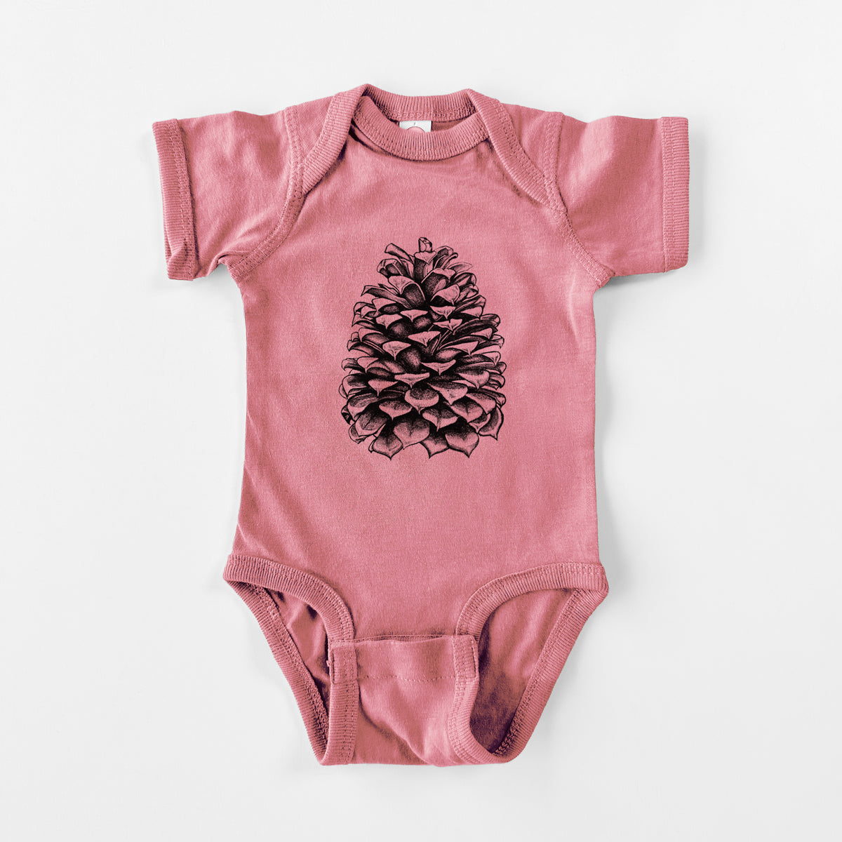 Mauve pink baby bodysuit laid flat, printed with a detailed black ink illustration of a large Jeffrey pine cone.