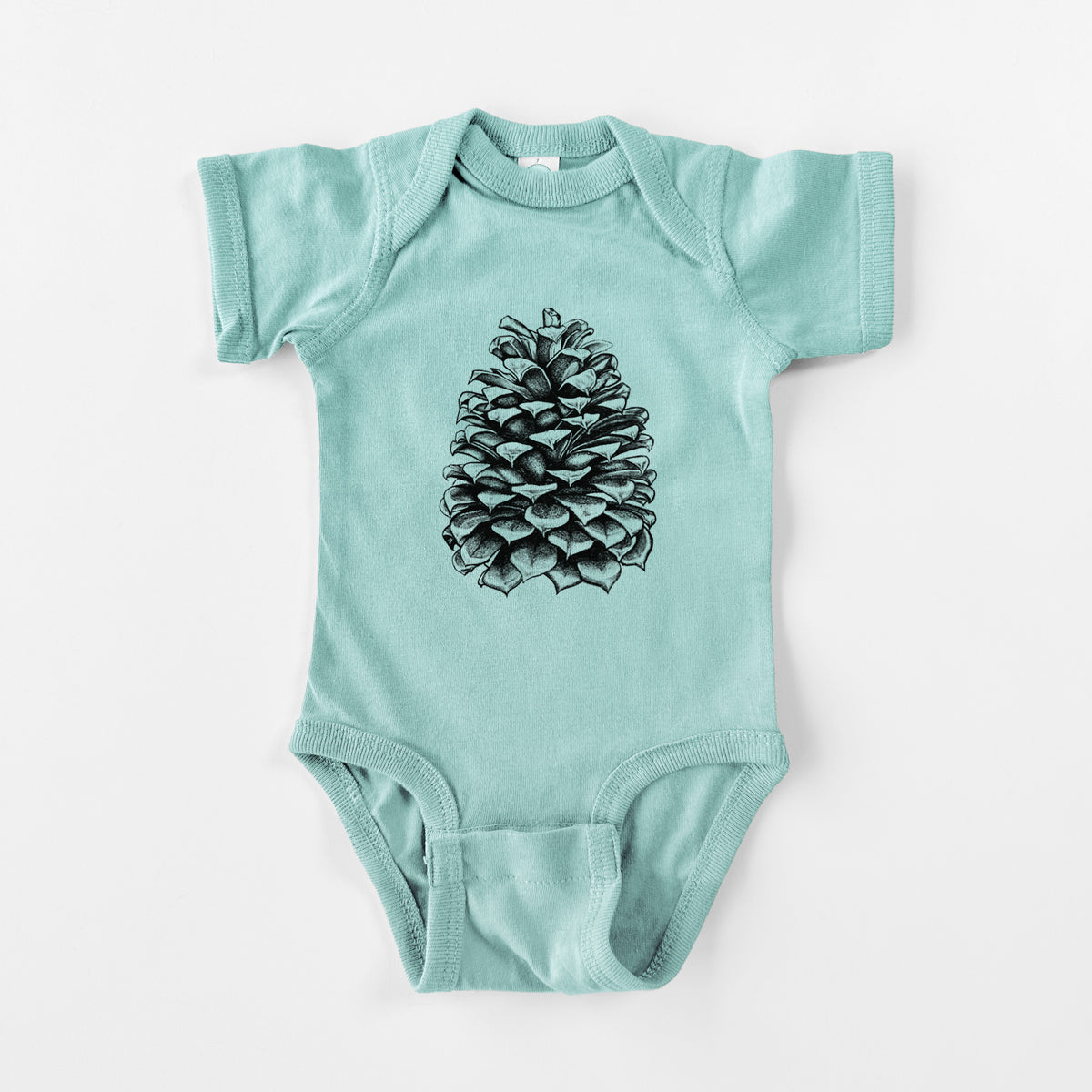 Saltwater baby bodysuit laid flat, printed with a detailed black ink illustration of a large Jeffrey pine cone.