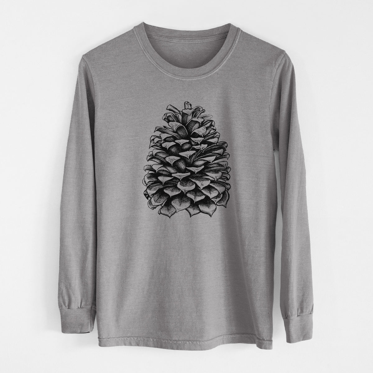 Grey Comfort Colors long sleeve shirt laid flat, printed with a detailed black ink illustration of a large Jeffrey pine cone.