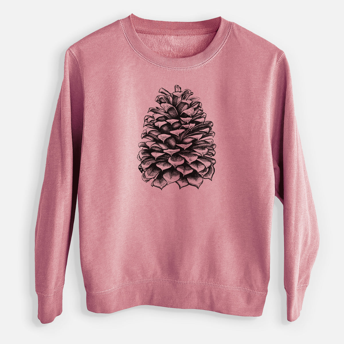 Mauve pink youth crewneck sweatshirt laid flat, printed with a detailed black ink illustration of a large Jeffrey pine cone.