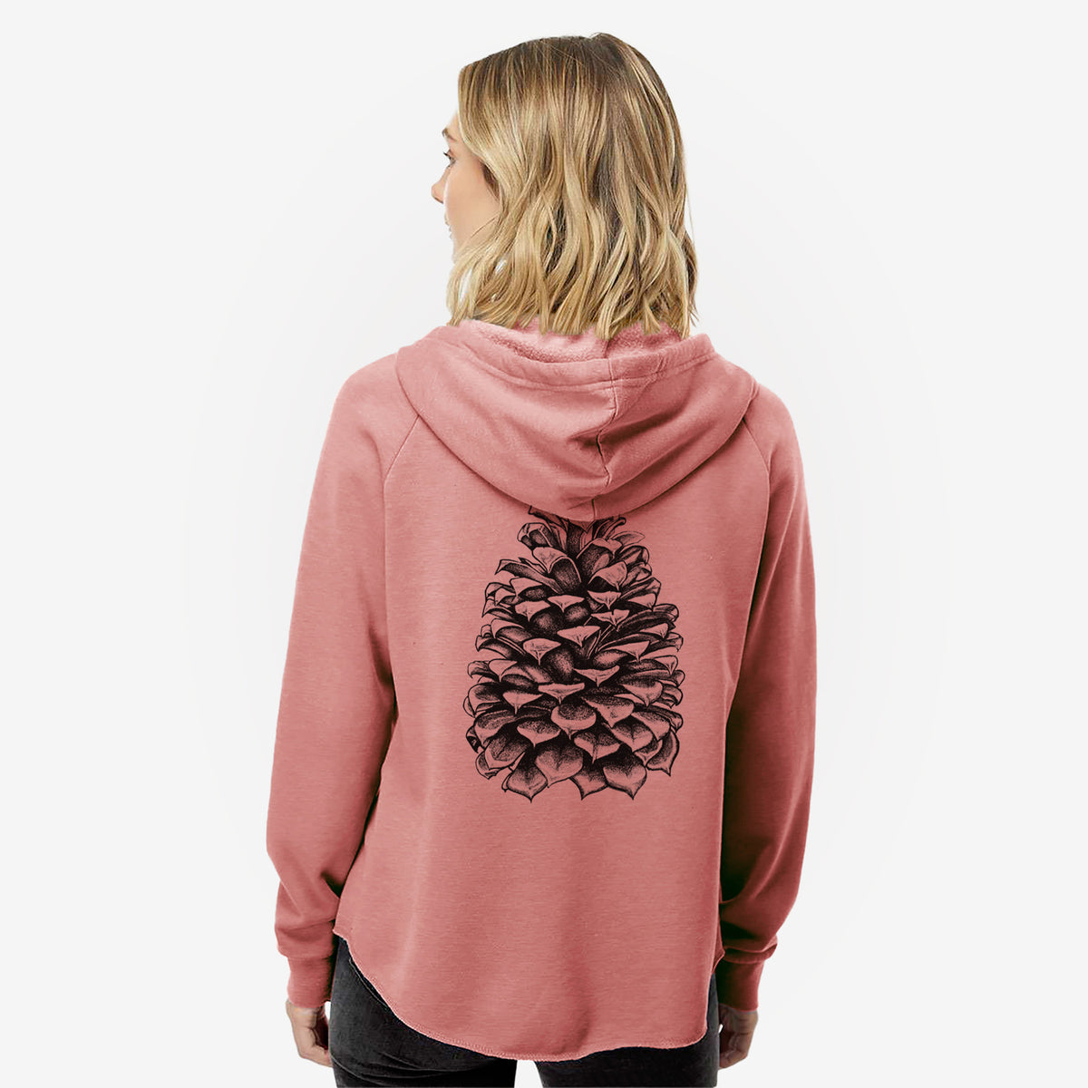 Woman wearing a dusty rose women's Cali Wave zip-up sweatshirt printed with a detailed black ink illustration of a large Jeffrey pine cone, seen from behind.