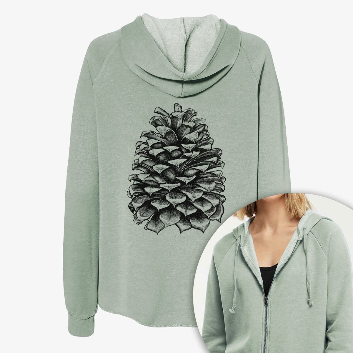 Women's Cali Wave zip-up sweatshirt printed with a detailed black ink illustration of a large Jeffrey pine cone, with a close-up of the zipper.