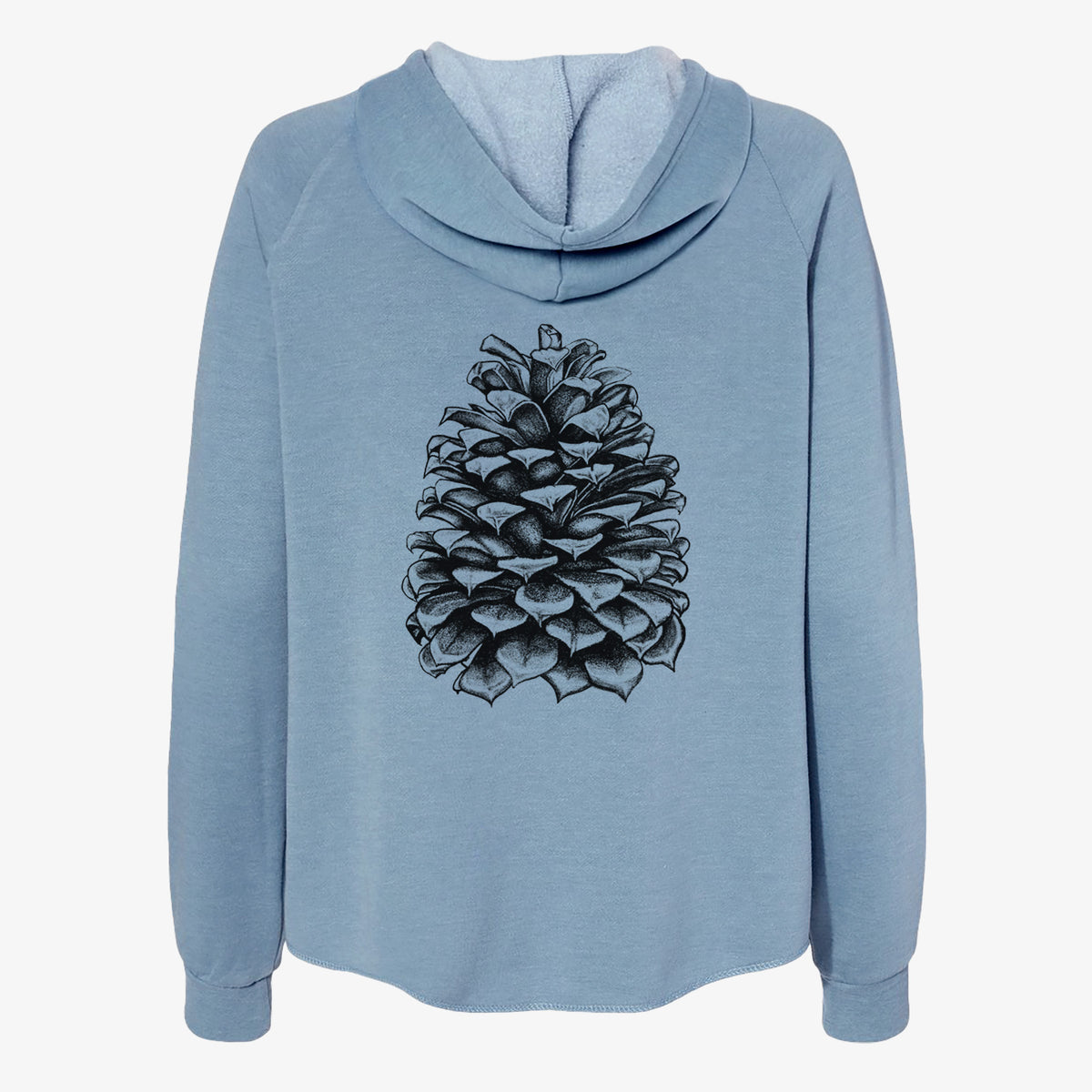Misty blue women's Cali Wave zip-up sweatshirt laid flat, printed with a detailed black ink illustration of a large Jeffrey pine cone.