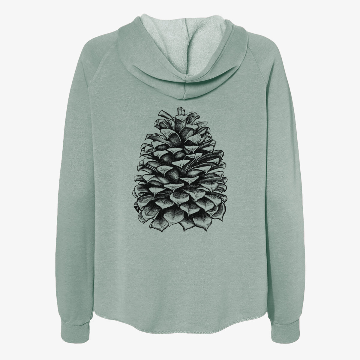 Sage green women's Cali Wave zip-up sweatshirt laid flat, printed with a detailed black ink illustration of a large Jeffrey pine cone.