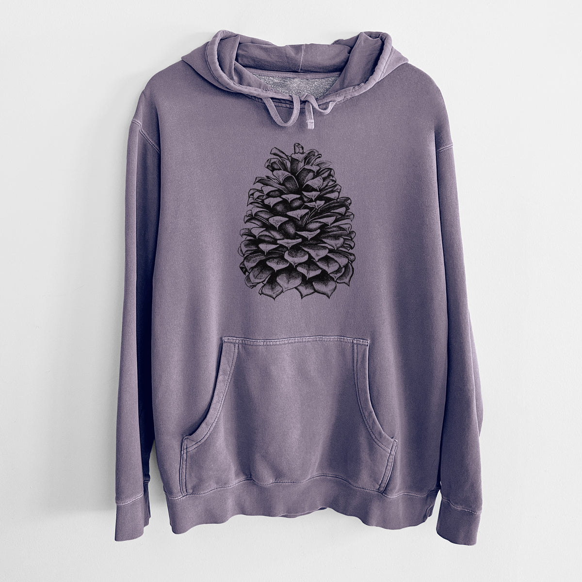 Plum purple pigment dyed hoodie laid flat, printed with a detailed black ink illustration of a large Jeffrey pine cone.