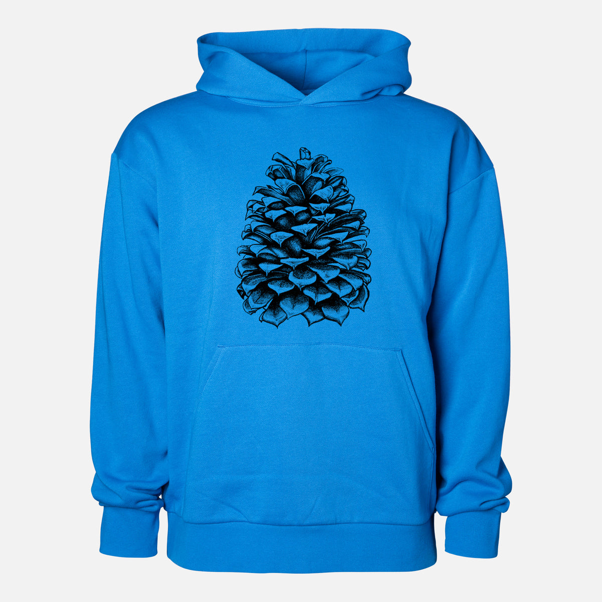 Pinus Jeffreyi - Jeffrey Pine Cone - Statement Midweight Hoodie in Azure Blue, shown from the front with the design printed on the chest above a front kangaroo pocket.