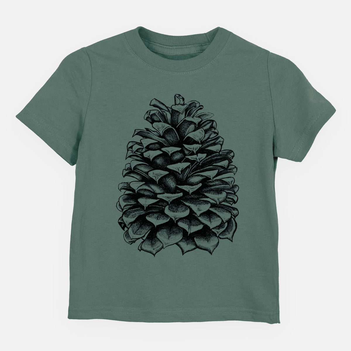 Basil green toddler t-shirt laid flat, printed with a detailed black ink illustration of a large Jeffrey pine cone.