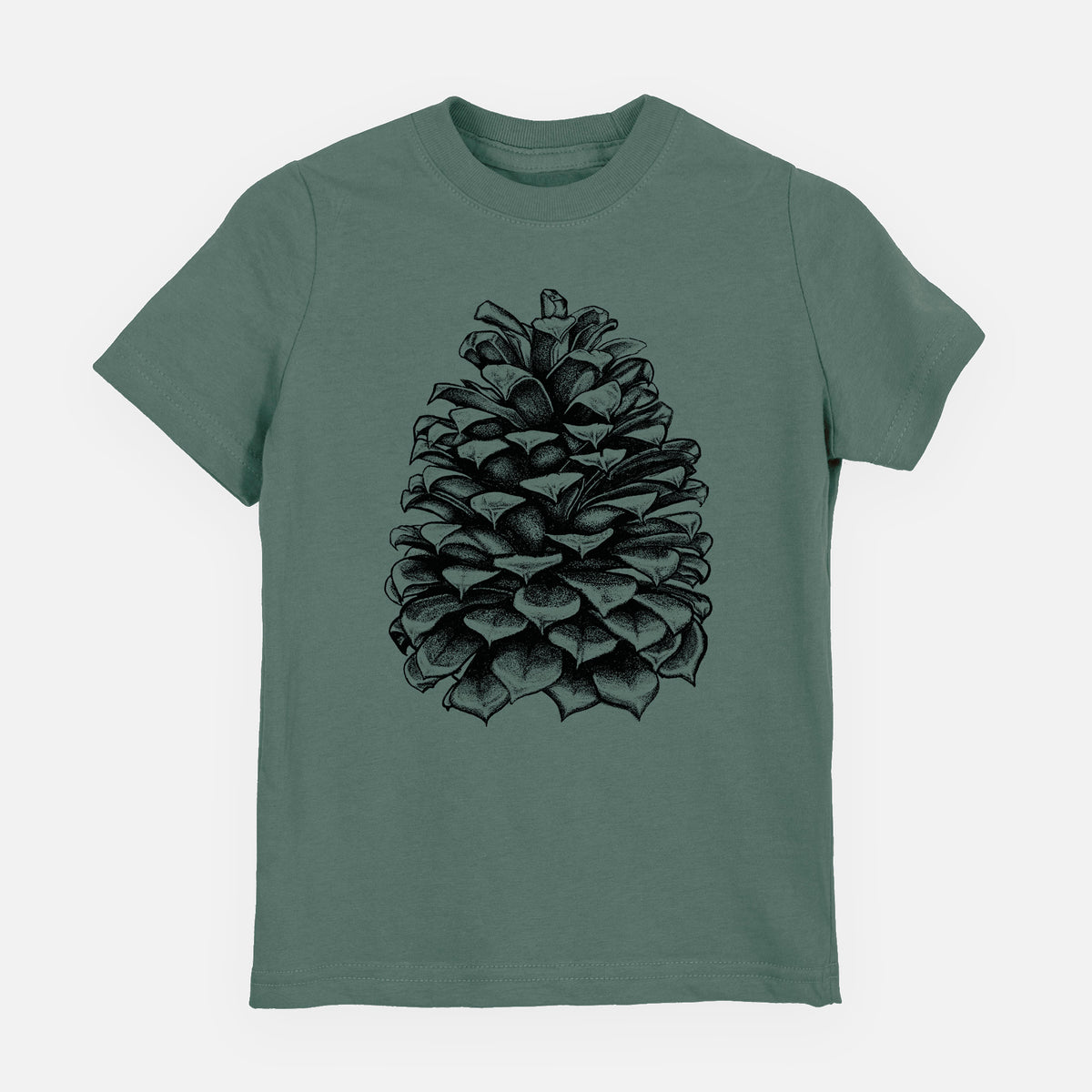 Basil green youth t-shirt laid flat, printed with a detailed black ink illustration of a large Jeffrey pine cone.