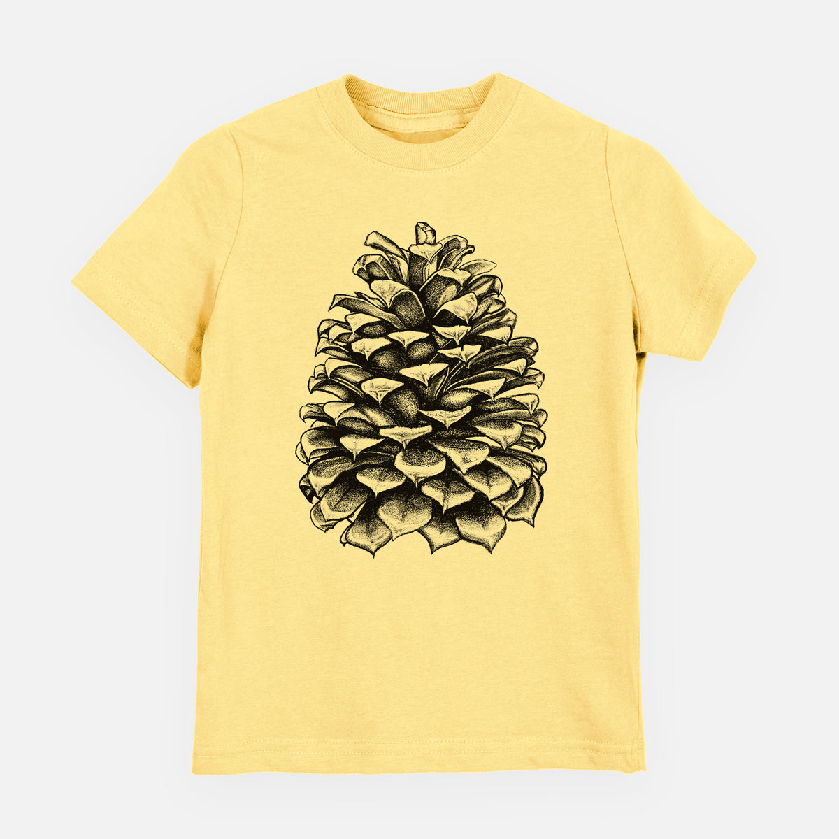 Butter yellow youth t-shirt laid flat, printed with a detailed black ink illustration of a large Jeffrey pine cone.