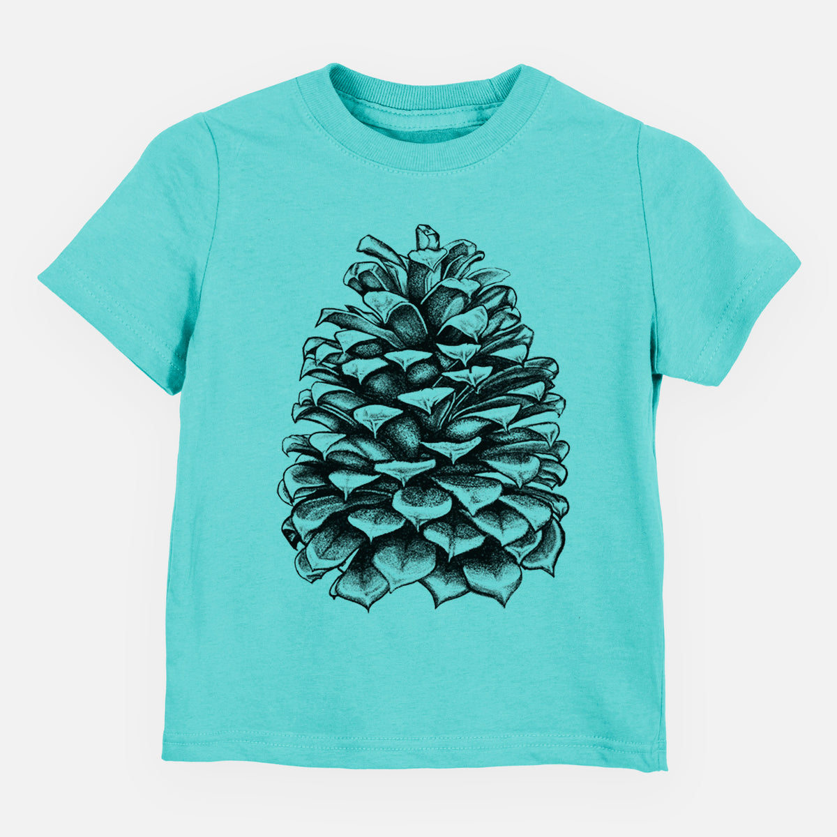 Caribbean blue toddler t-shirt laid flat, printed with a detailed black ink illustration of a large Jeffrey pine cone.