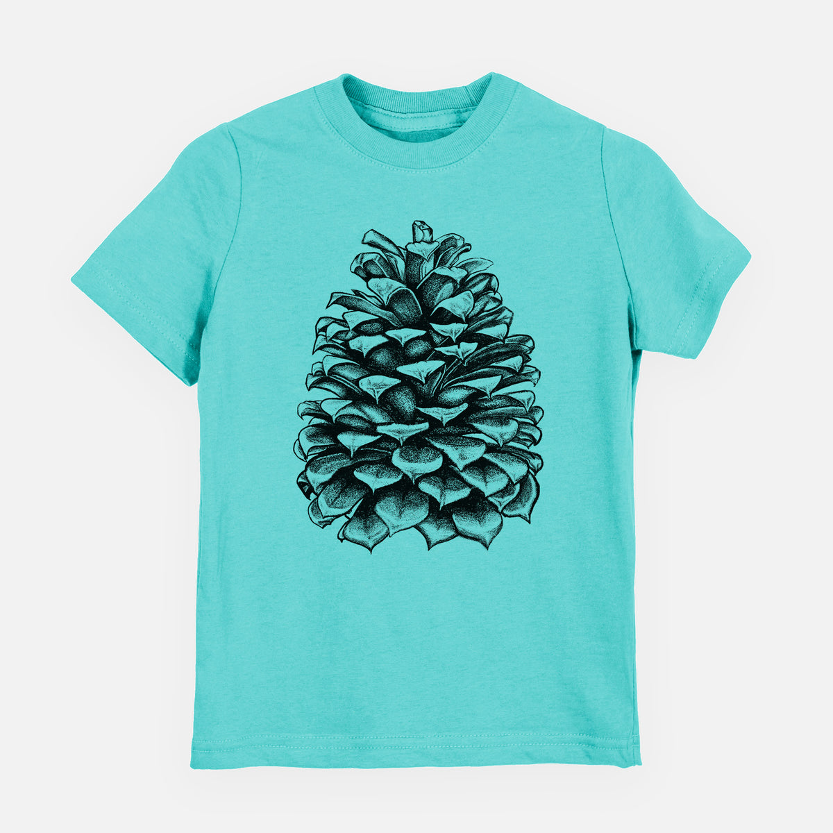 Caribbean blue youth t-shirt laid flat, printed with a detailed black ink illustration of a large Jeffrey pine cone.