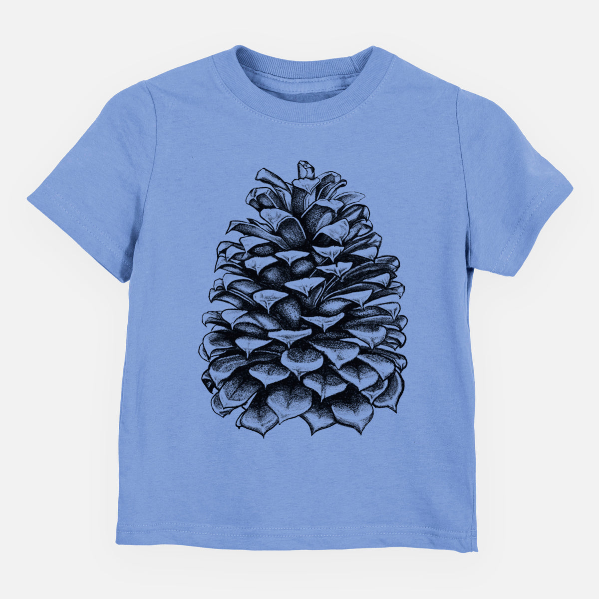 Carolina blue toddler t-shirt laid flat, printed with a detailed black ink illustration of a large Jeffrey pine cone.