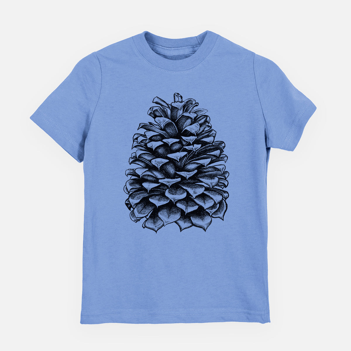 Carolina blue youth t-shirt laid flat, printed with a detailed black ink illustration of a large Jeffrey pine cone.