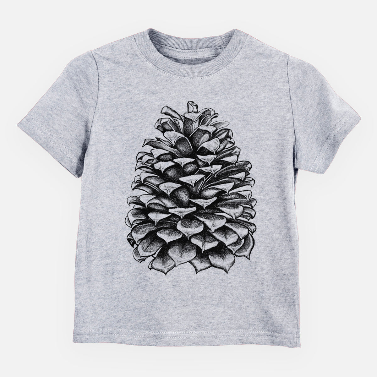 Heather grey toddler t-shirt laid flat, printed with a detailed black ink illustration of a large Jeffrey pine cone.