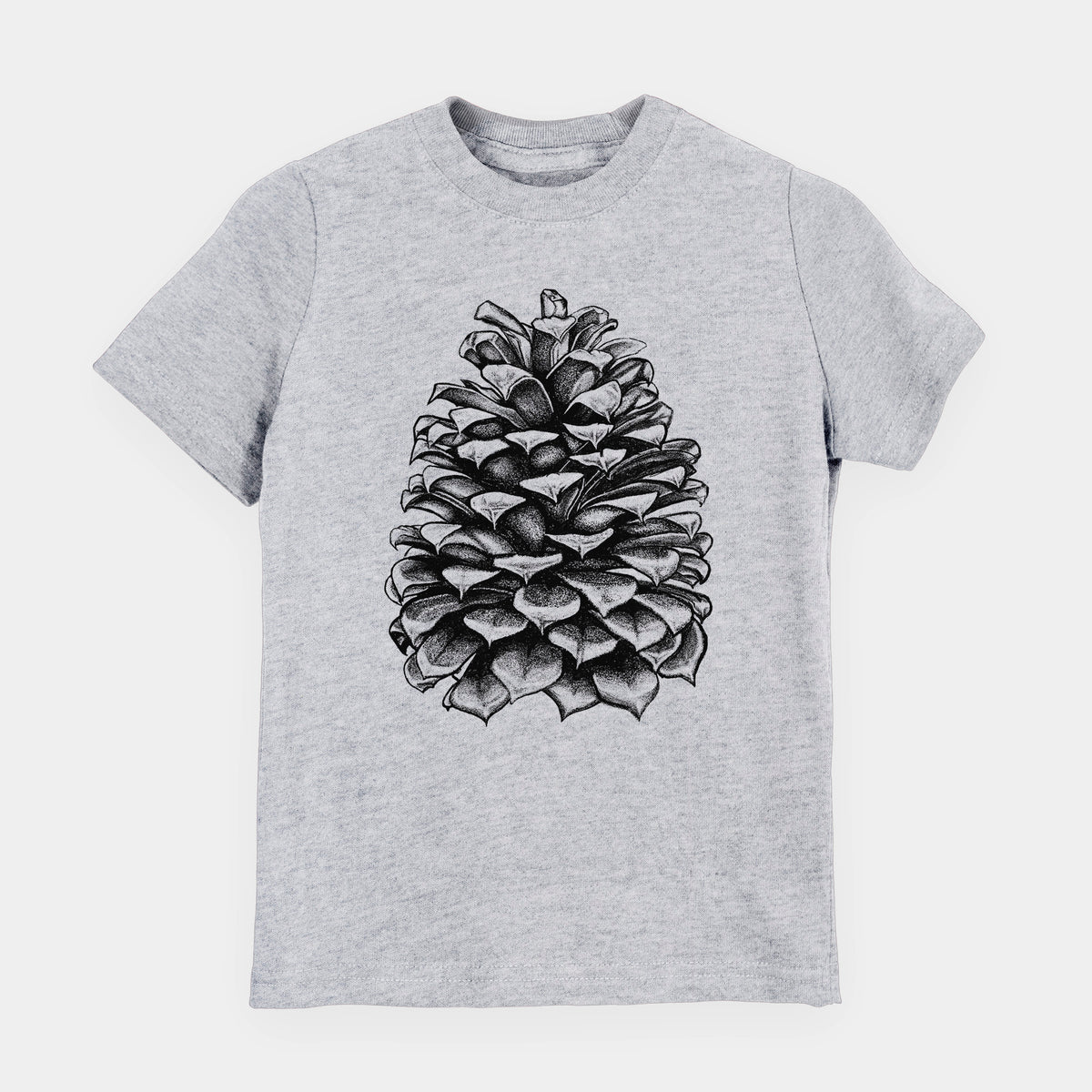 Heather grey youth t-shirt laid flat, printed with a detailed black ink illustration of a large Jeffrey pine cone.