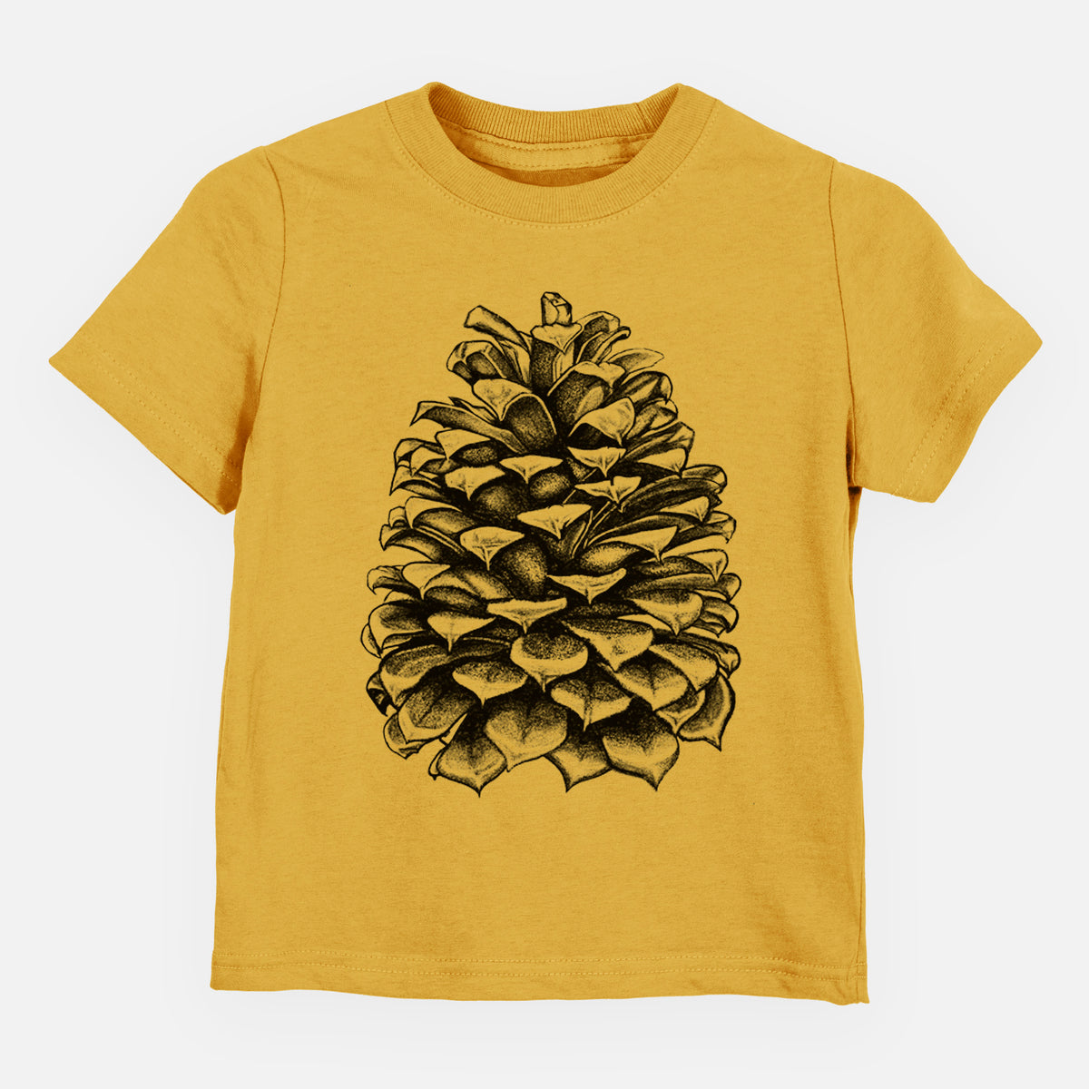 Honeycomb yellow toddler t-shirt laid flat, printed with a detailed black ink illustration of a large Jeffrey pine cone.