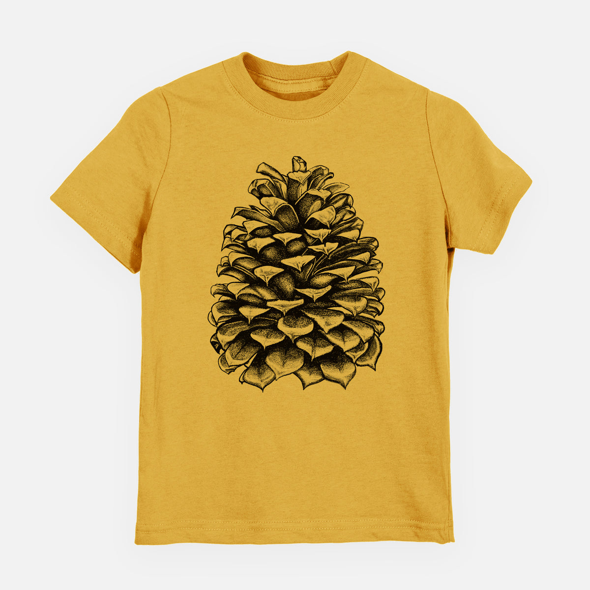 Honeycomb yellow youth t-shirt laid flat, printed with a detailed black ink illustration of a large Jeffrey pine cone.