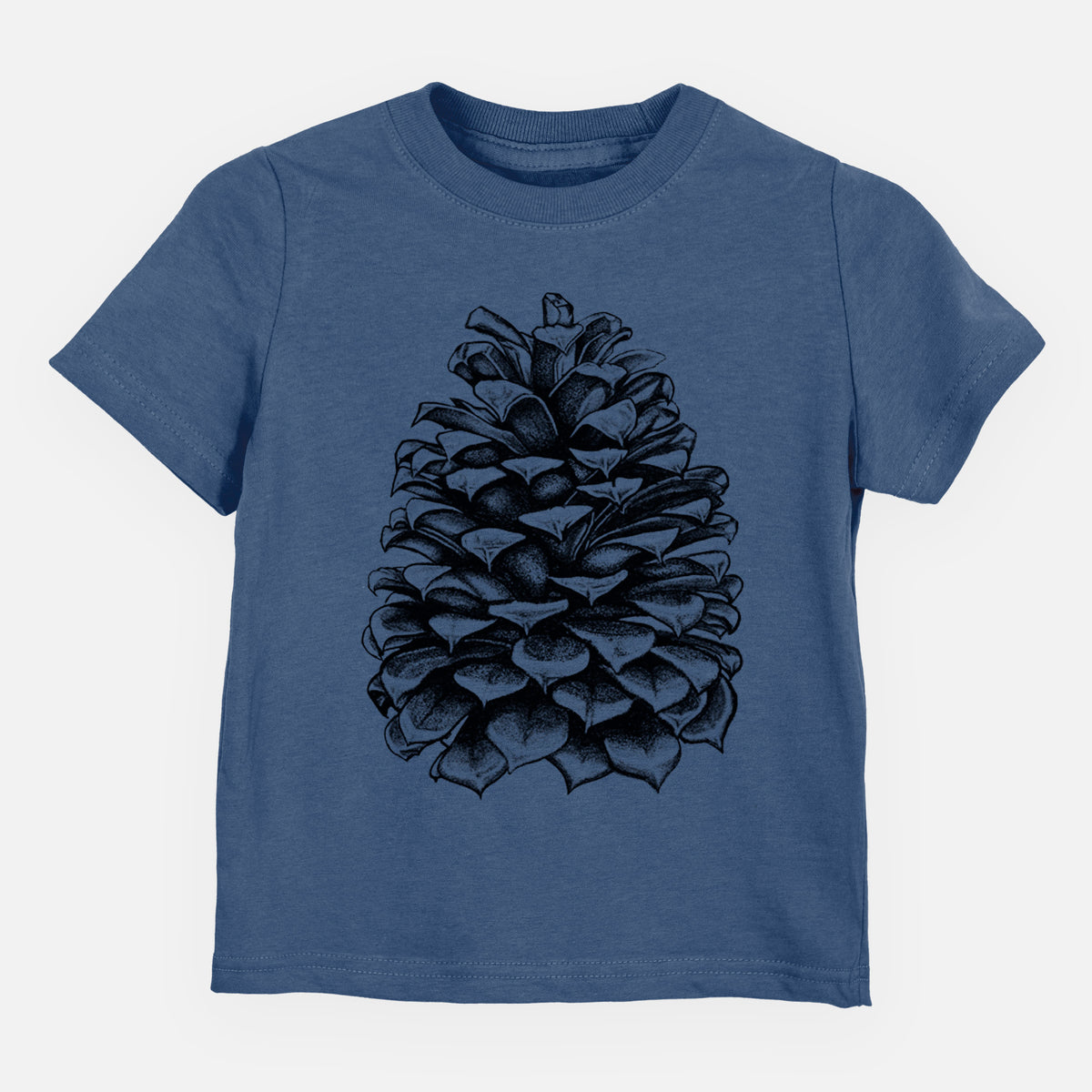 Indigo blue toddler t-shirt laid flat, printed with a detailed black ink illustration of a large Jeffrey pine cone.