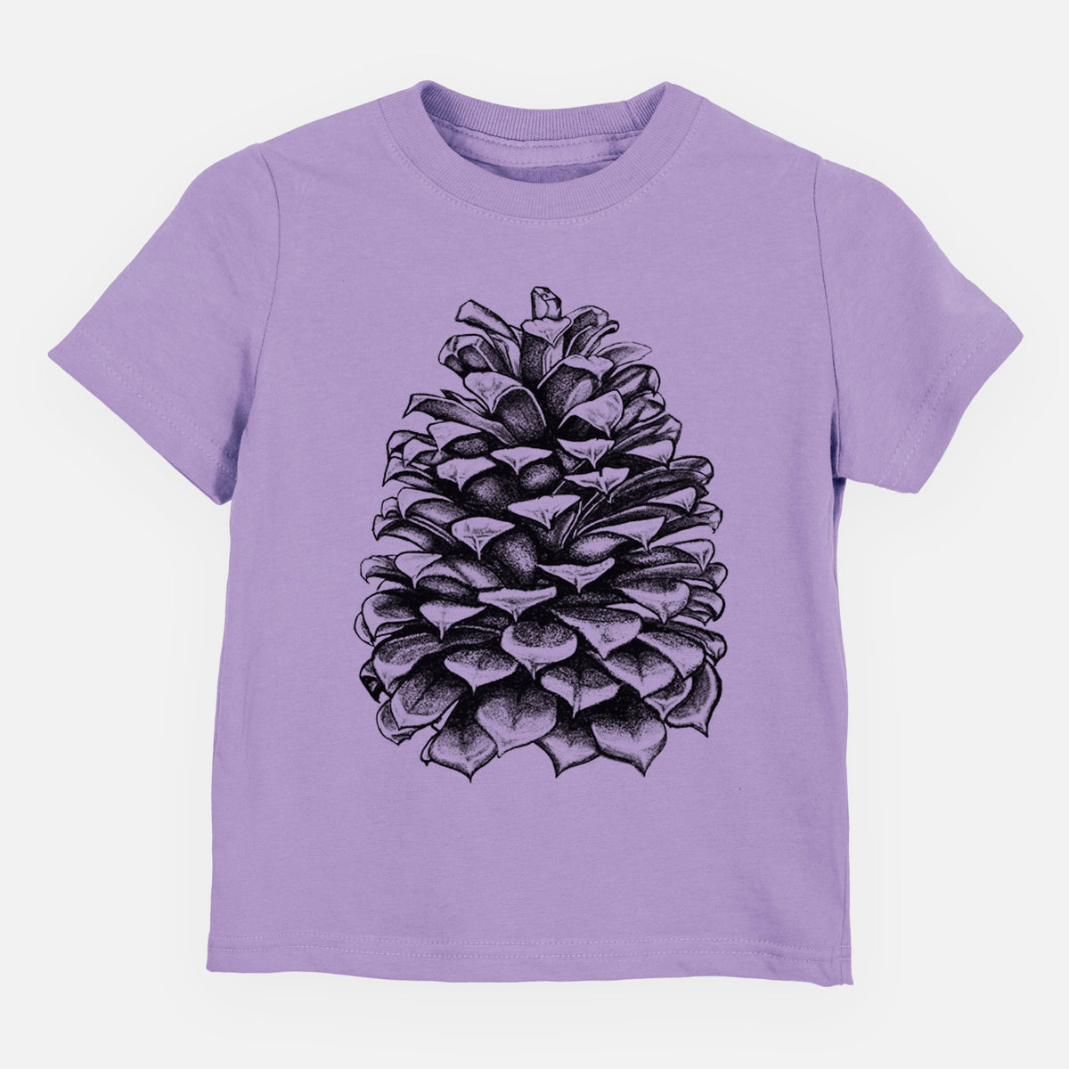 Lavender toddler t-shirt laid flat, printed with a detailed black ink illustration of a large Jeffrey pine cone.