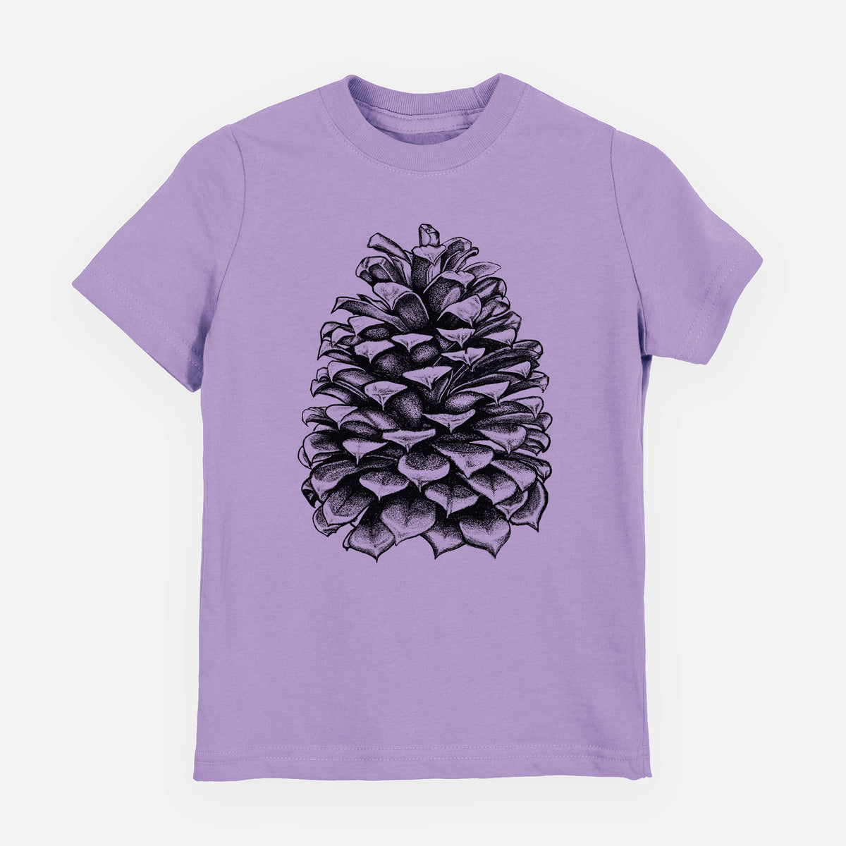 Lavender youth t-shirt laid flat, printed with a detailed black ink illustration of a large Jeffrey pine cone.