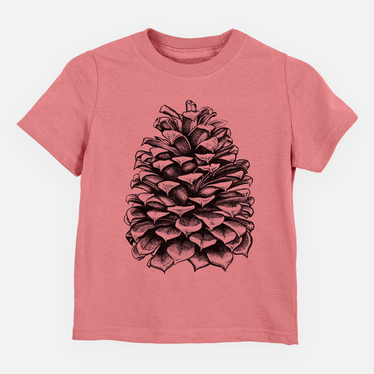 Mauve pink toddler t-shirt laid flat, printed with a detailed black ink illustration of a large Jeffrey pine cone.