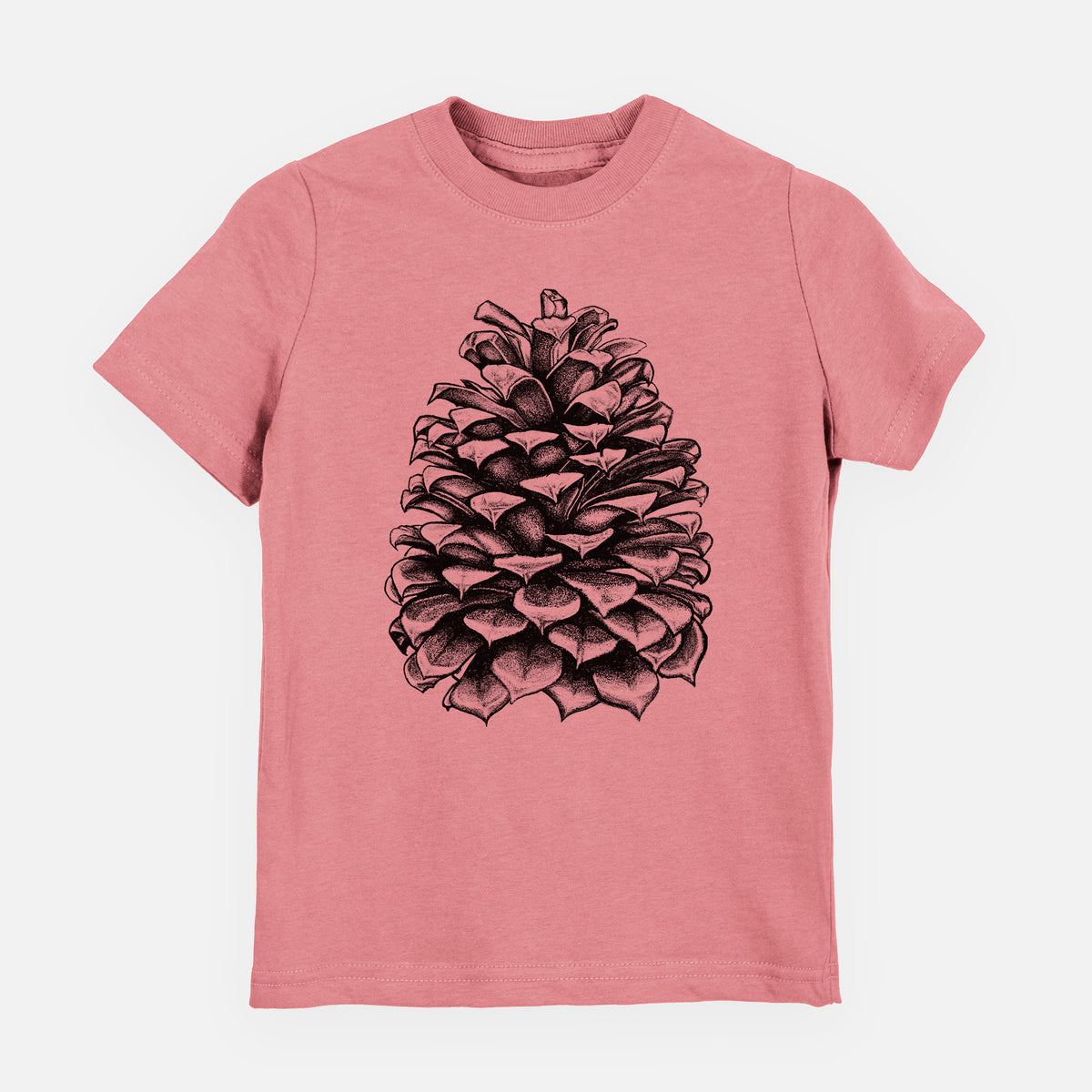 Mauve pink youth t-shirt laid flat, printed with a detailed black ink illustration of a large Jeffrey pine cone.