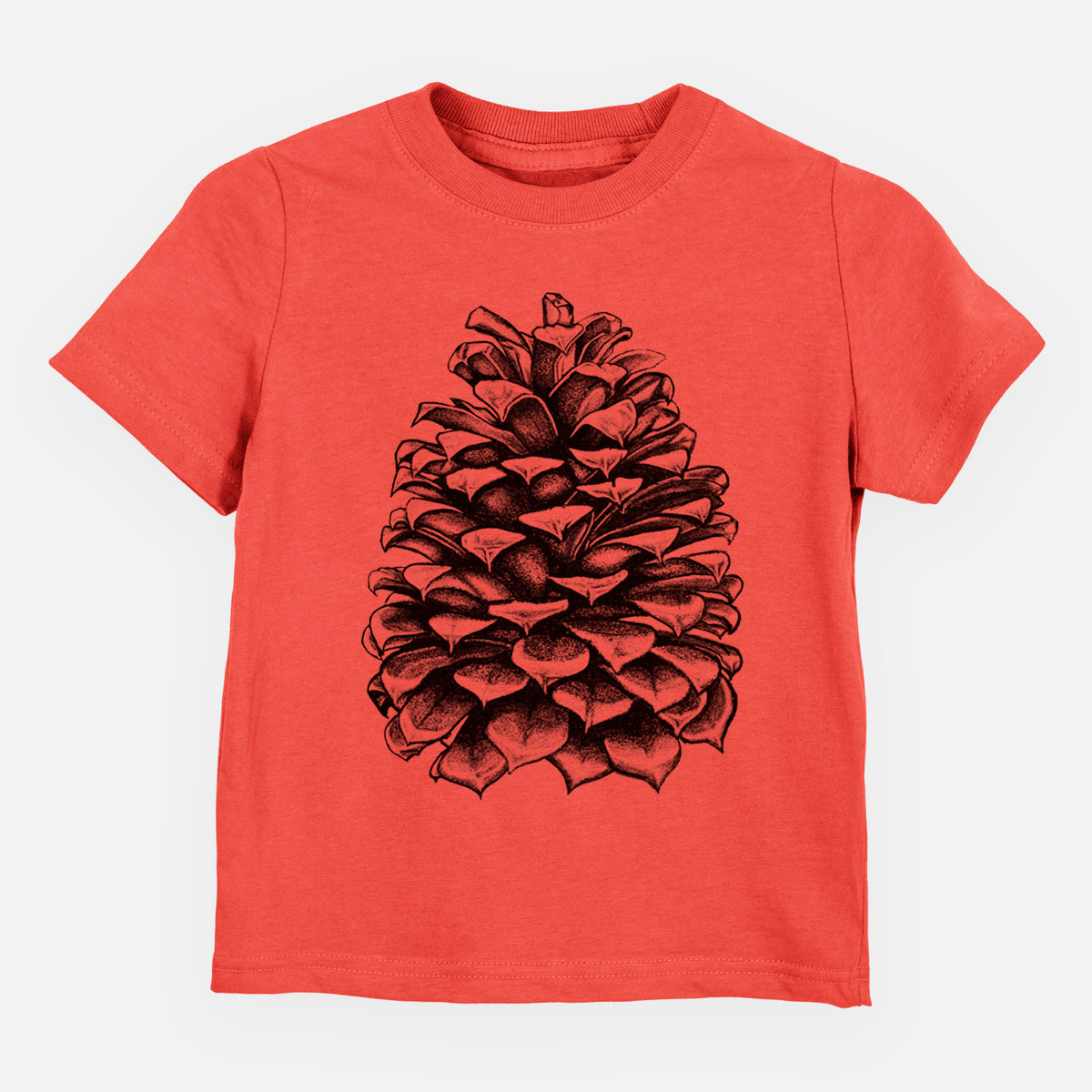 Passionfruit pink toddler t-shirt laid flat, printed with a detailed black ink illustration of a large Jeffrey pine cone.