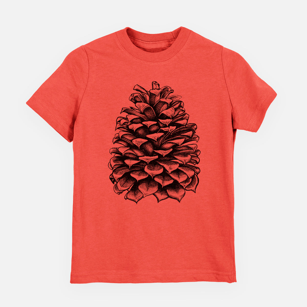 Passionfruit pink youth t-shirt laid flat, printed with a detailed black ink illustration of a large Jeffrey pine cone.