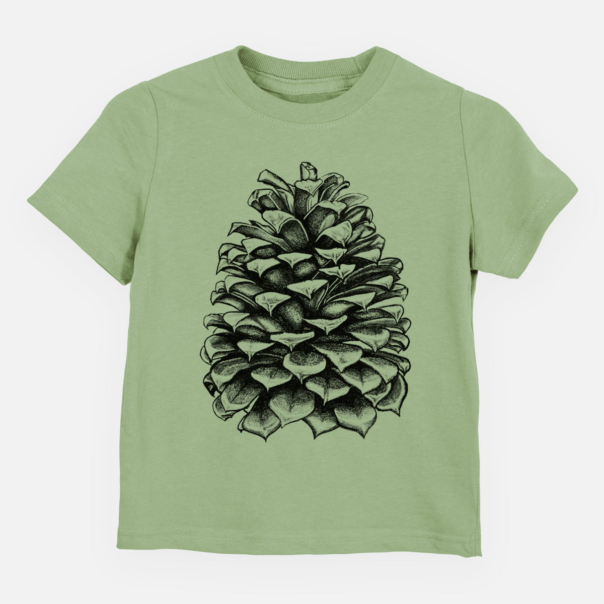 Sage green toddler t-shirt laid flat, printed with a detailed black ink illustration of a large Jeffrey pine cone.