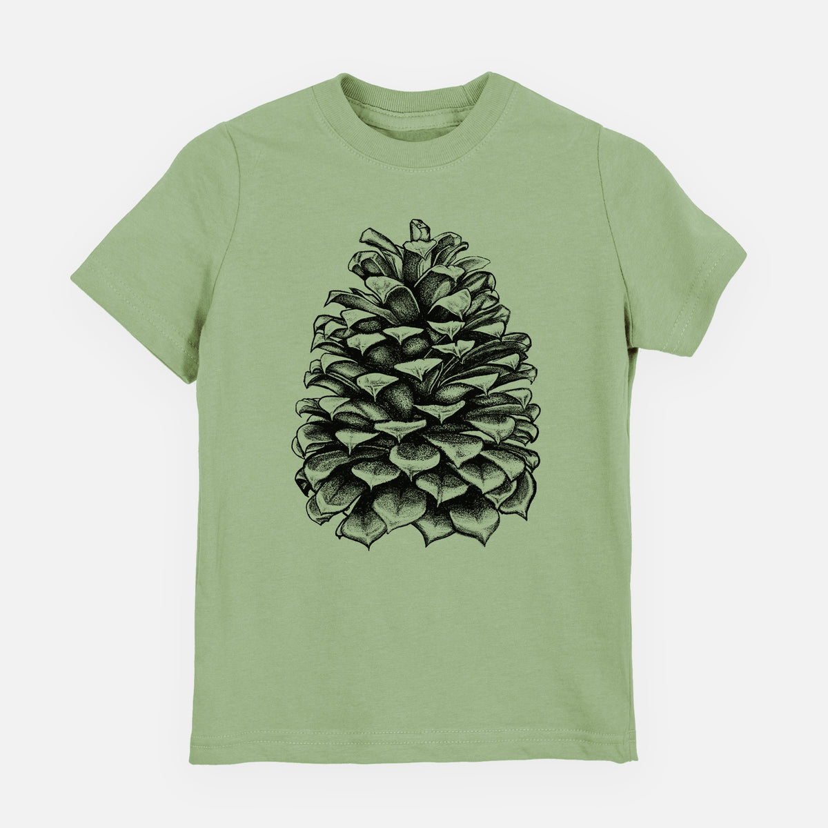 Sage green youth t-shirt laid flat, printed with a detailed black ink illustration of a large Jeffrey pine cone.
