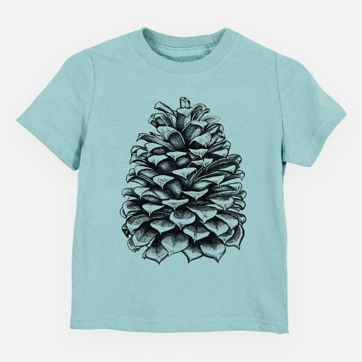 Saltwater toddler t-shirt laid flat, printed with a detailed black ink illustration of a large Jeffrey pine cone.
