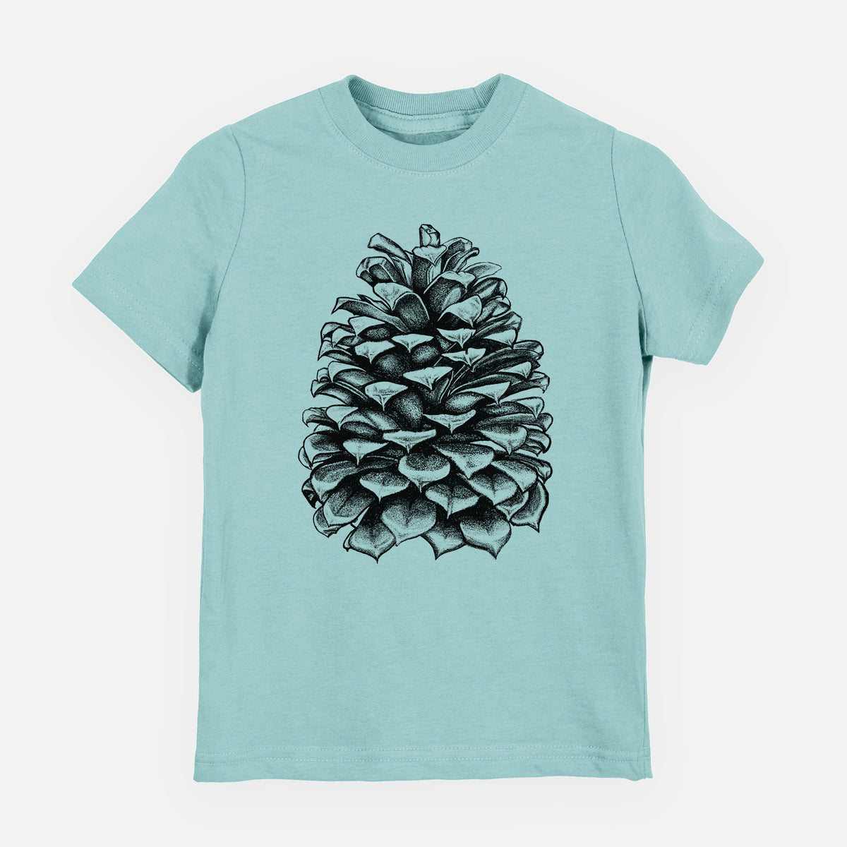 Saltwater youth t-shirt laid flat, printed with a detailed black ink illustration of a large Jeffrey pine cone.
