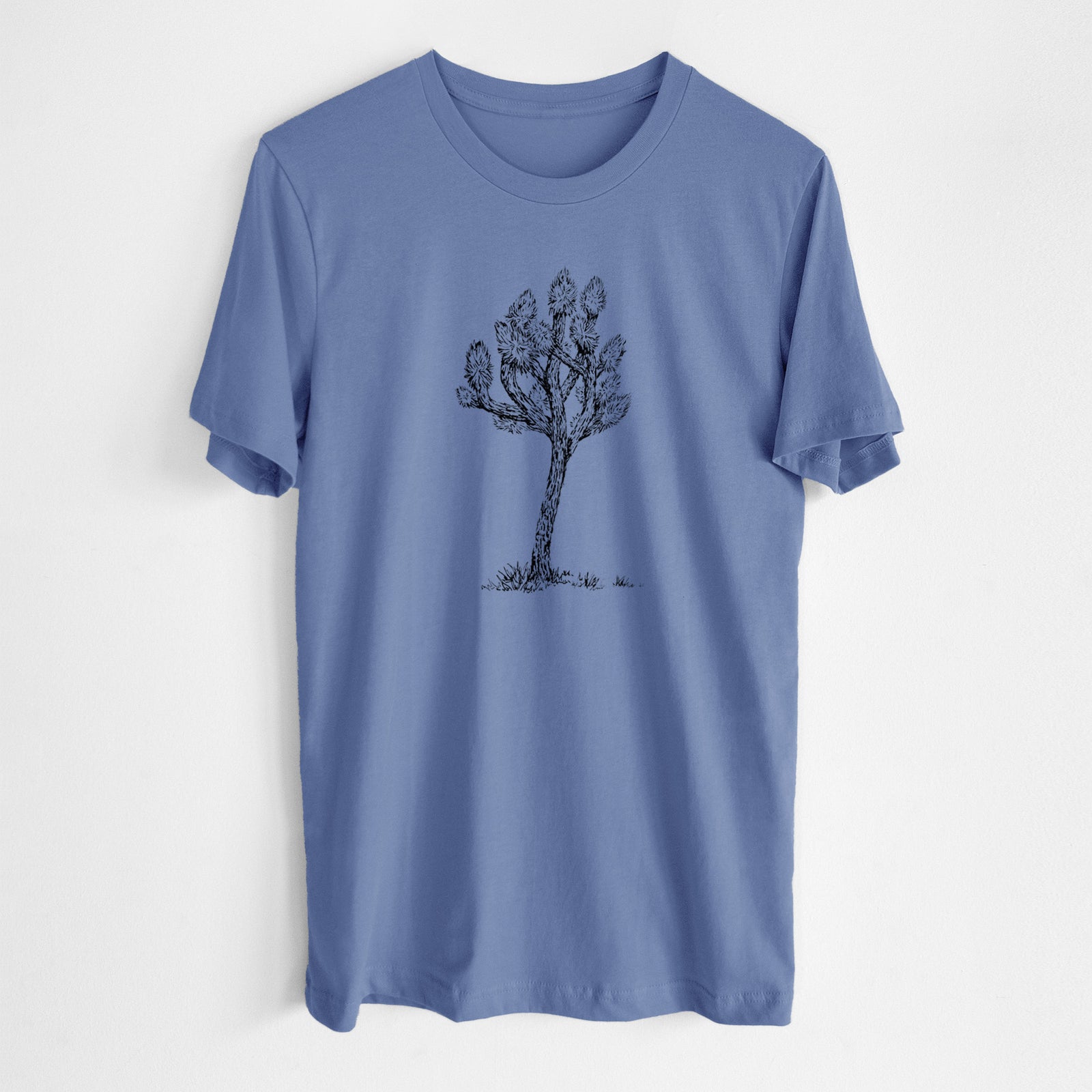 Blue bell lightweight cotton t-shirt laid flat, printed with a detailed black ink illustration of a Joshua tree.