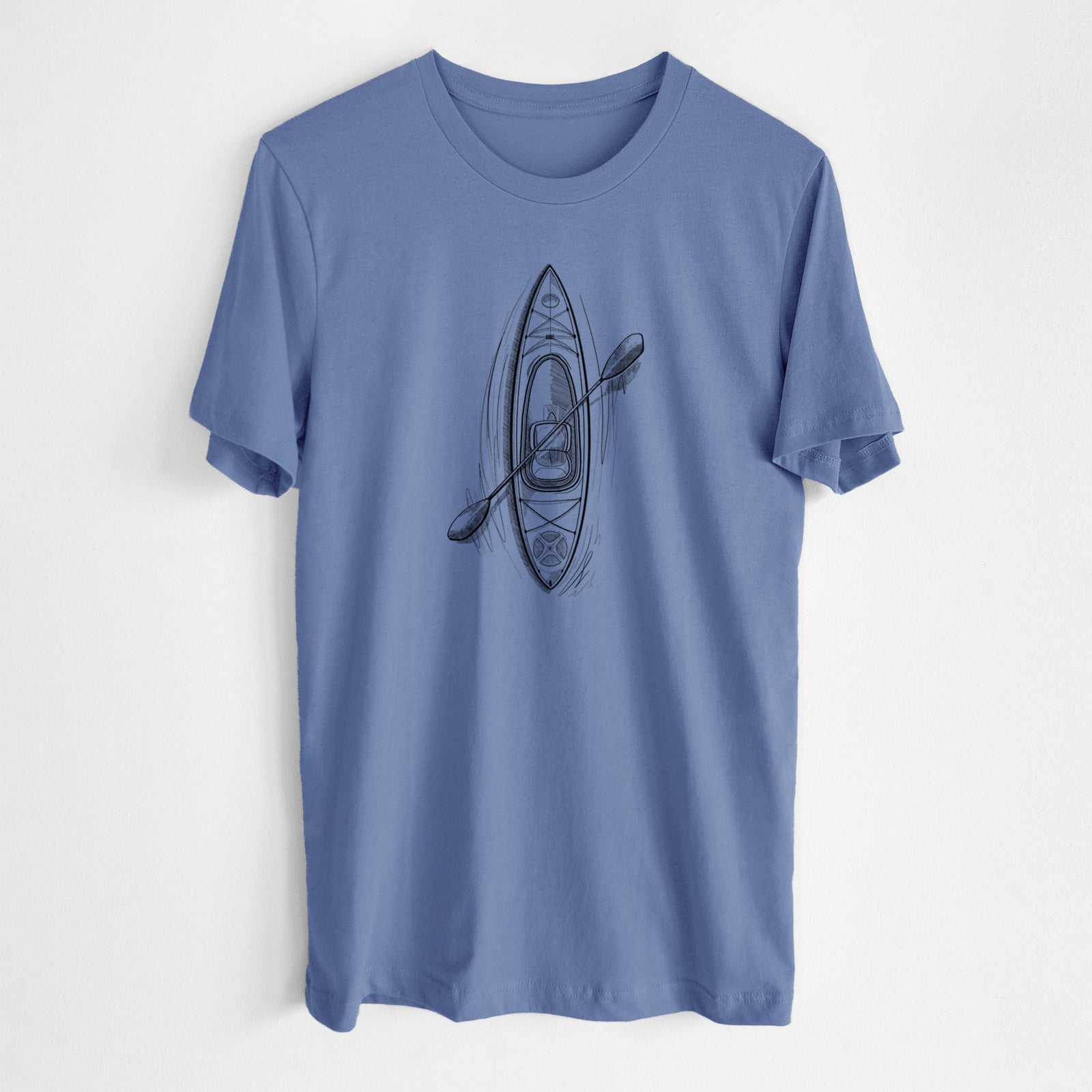 Blue bell lightweight cotton t-shirt laid flat, printed with a black ink illustration of a kayak with a paddle, seen from above.
