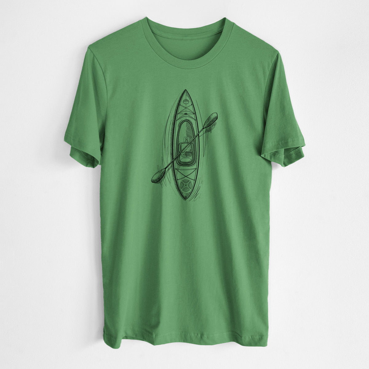 Leaf green lightweight cotton t-shirt laid flat, printed with a black ink illustration of a kayak with a paddle, seen from above.