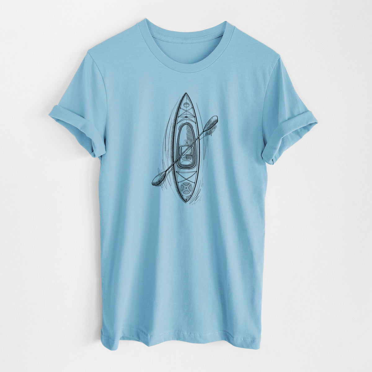 Ocean blue lightweight cotton t-shirt laid flat, printed with a black ink illustration of a kayak with a paddle, seen from above.
