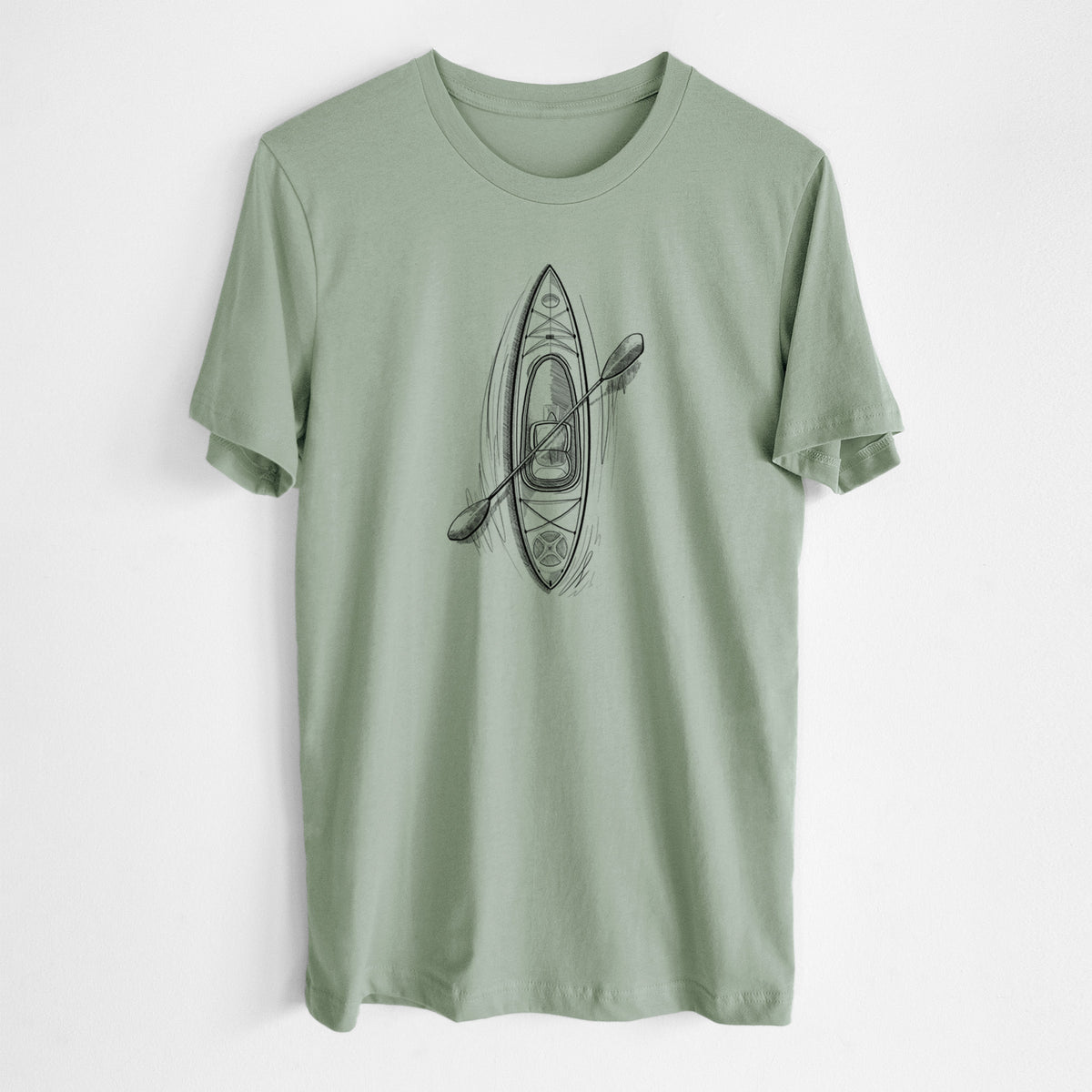 Sage green lightweight cotton t-shirt laid flat, printed with a black ink illustration of a kayak with a paddle, seen from above.