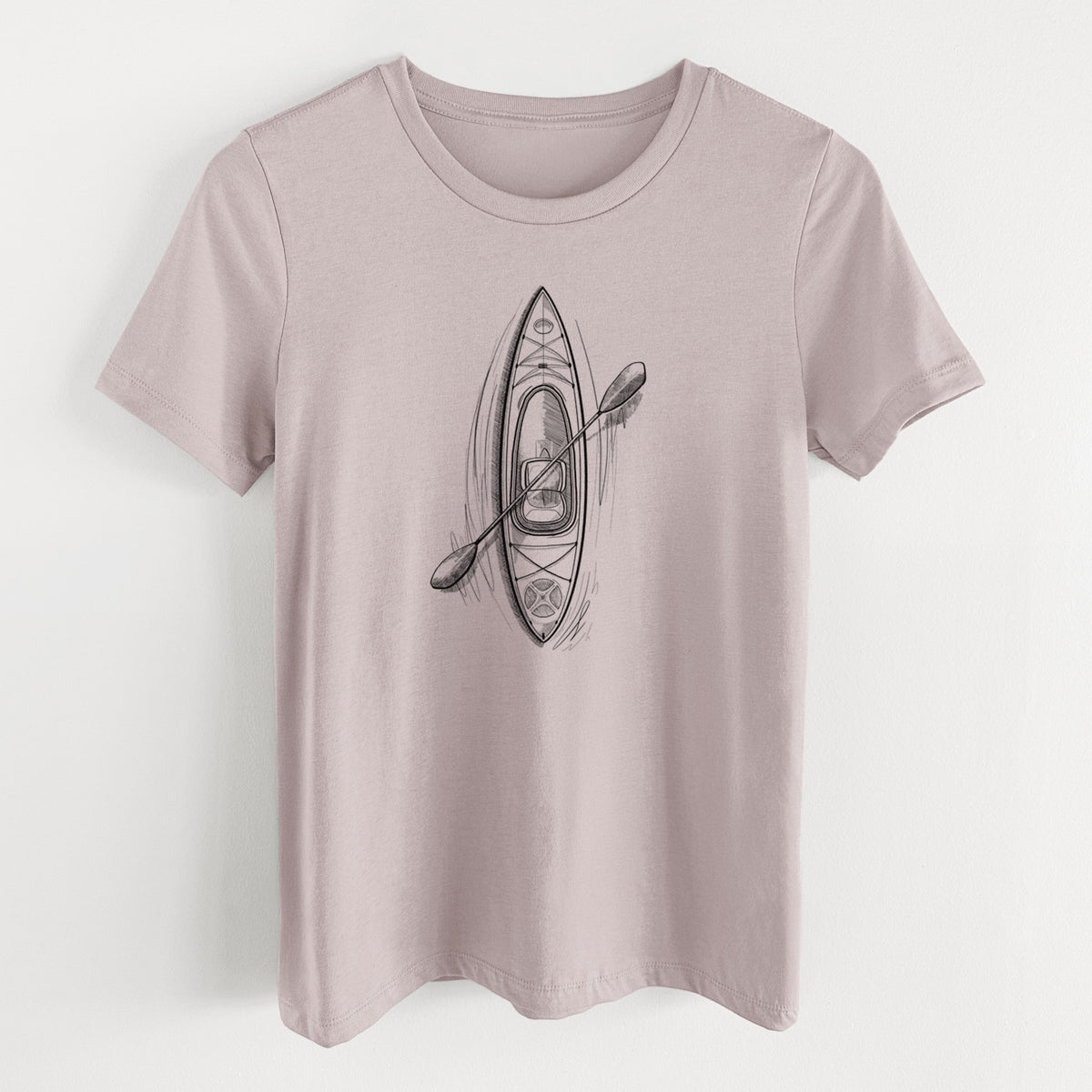 Pink gravel women's relaxed fit cotton t-shirt laid flat, printed with a black ink illustration of a kayak with a paddle, seen from above.