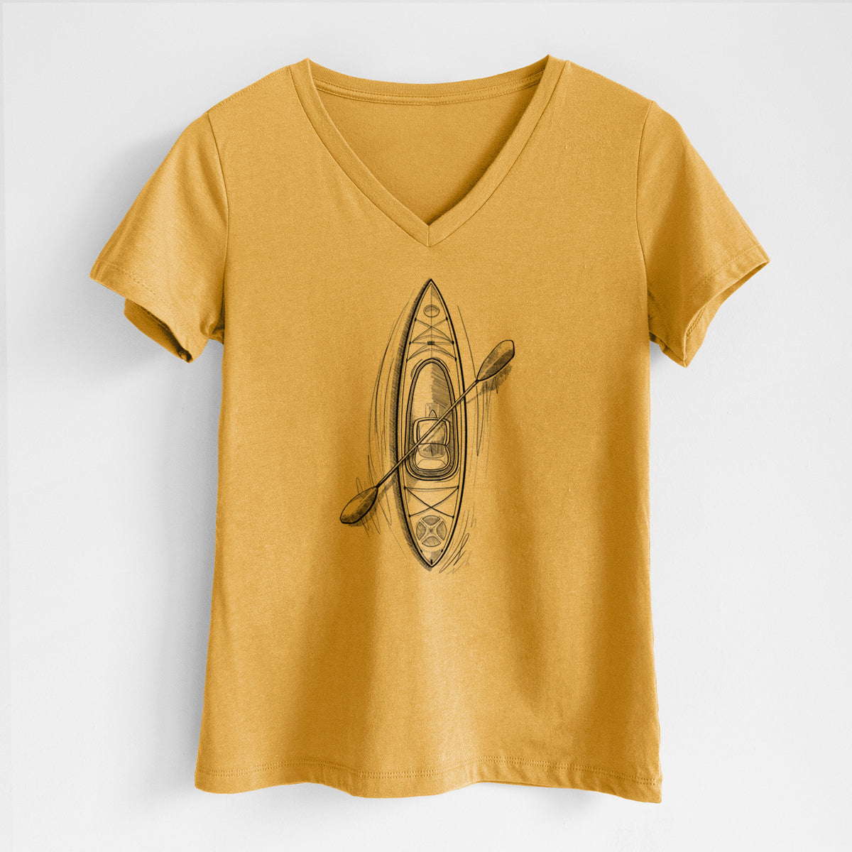 Honeycomb yellow women's relaxed fit cotton V-neck t-shirt laid flat, printed with a black ink illustration of a kayak with a paddle, seen from above.